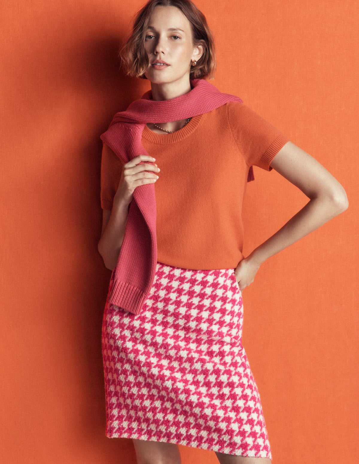 Wool Blend A-Line Skirt-Pink Dogstooth-1