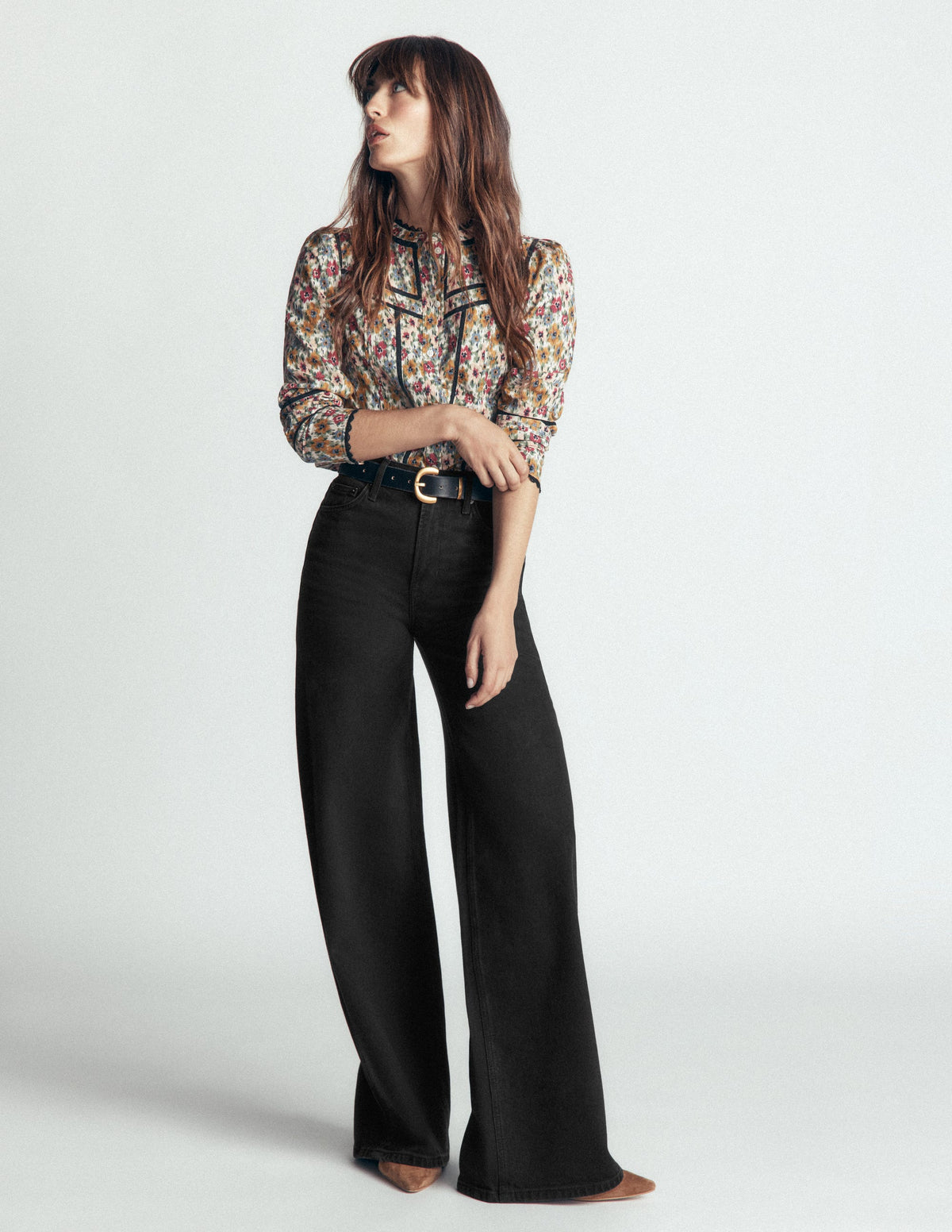 Hoch geschnittene Jeans mit weitem Bein-Verwaschenes Schwarz-4