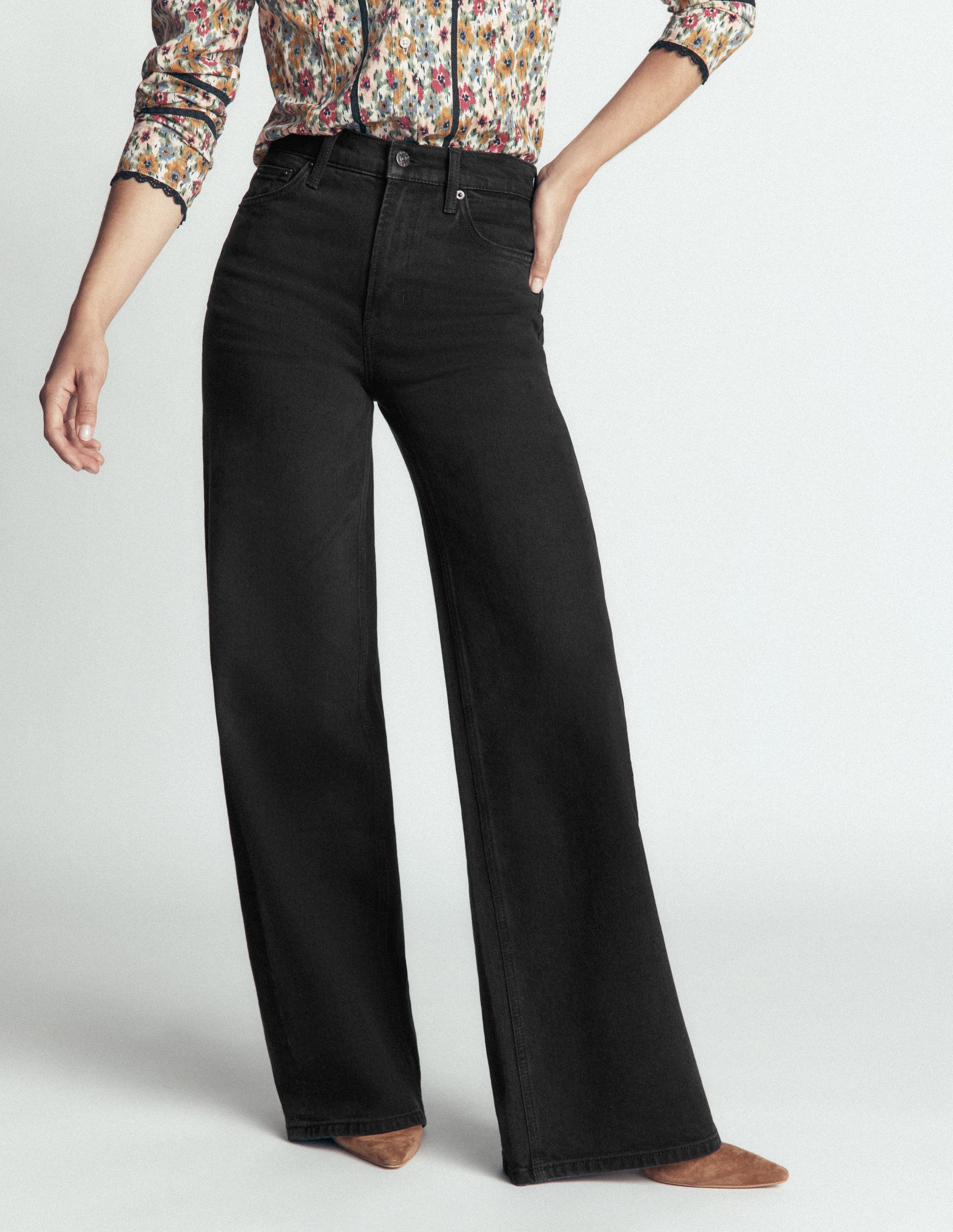 Hoch geschnittene Jeans mit weitem Bein-Verwaschenes Schwarz-5