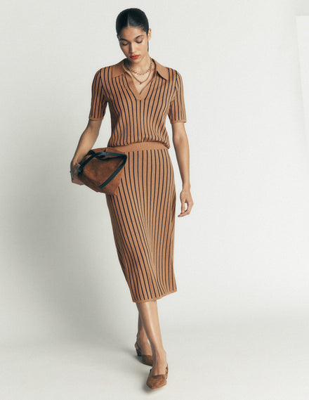 Jacquard Knitted Midi Skirt-Camel Stripe