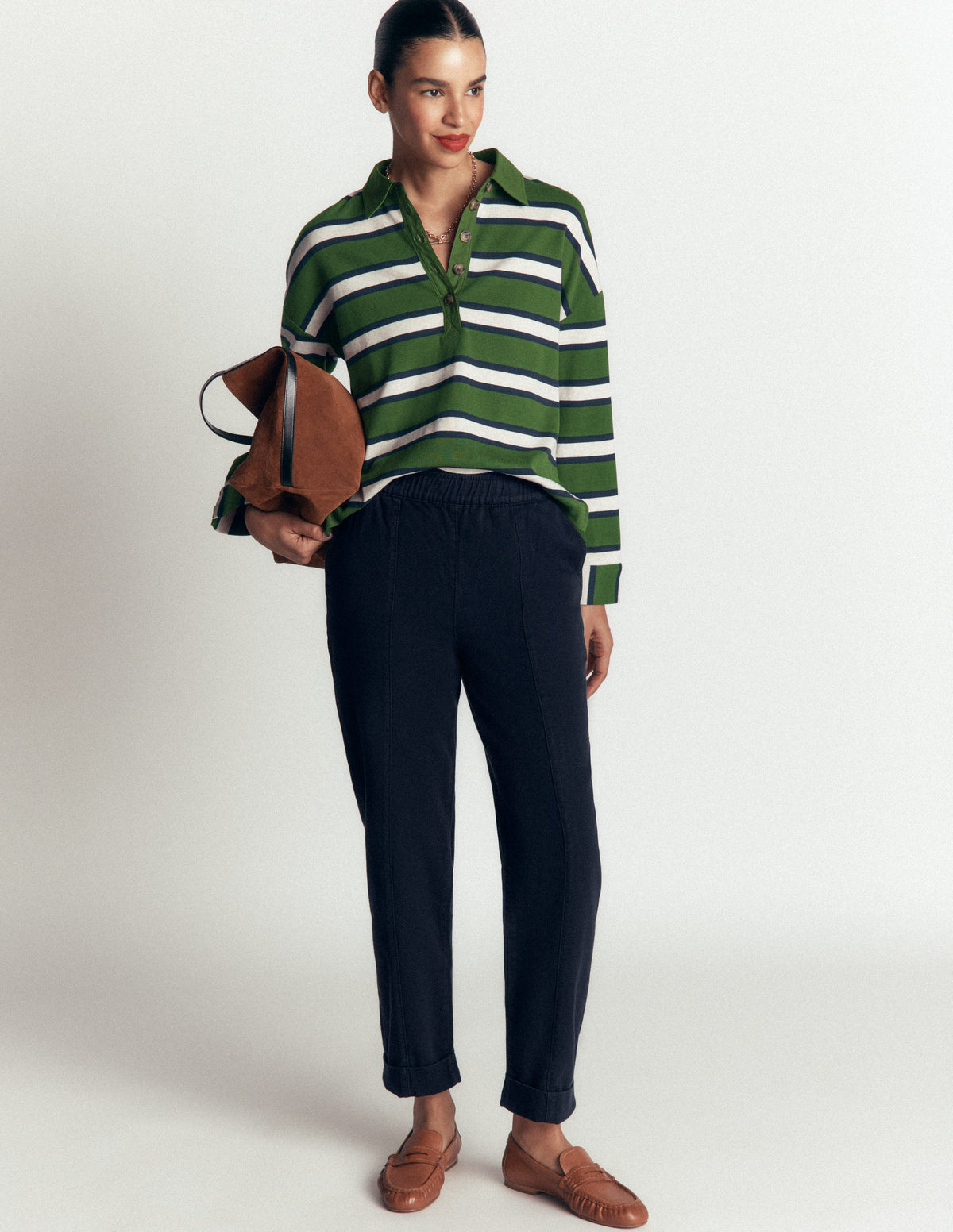 Pantalon droit à taille mi-haute-Bleu marine-1