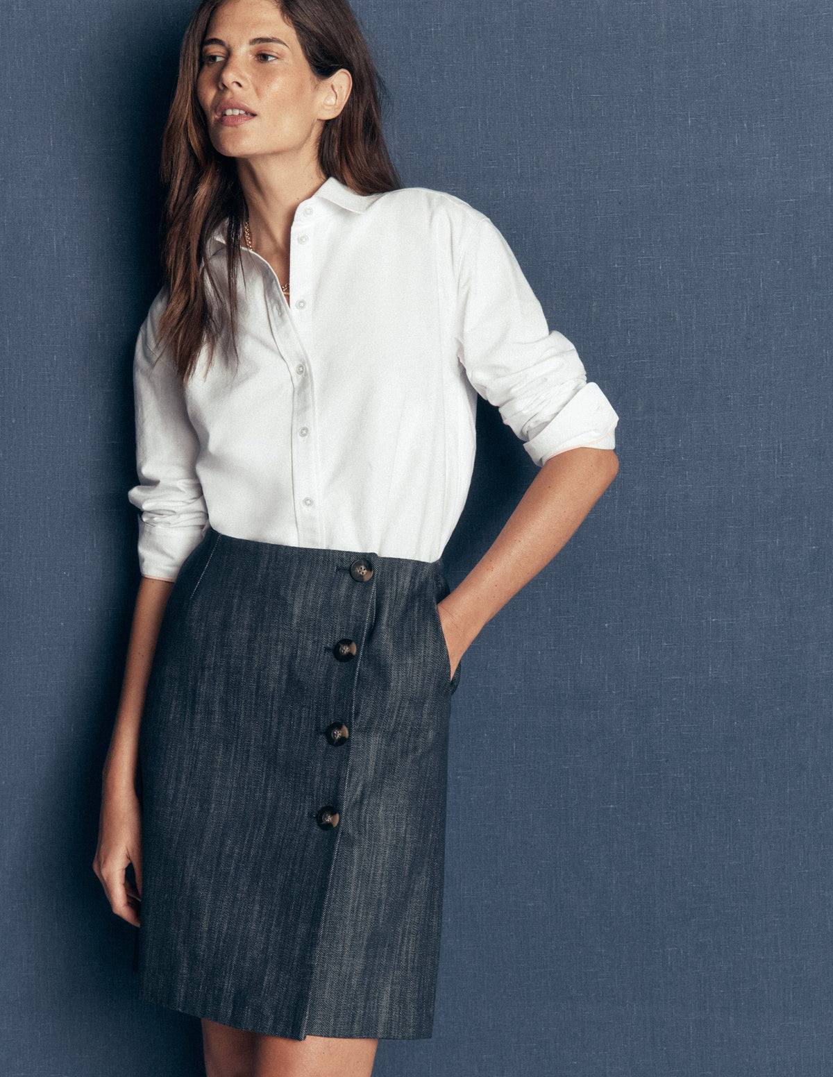 Evelyn Twill-Wickelrock mit Knopfleiste-Indigo Twill-4