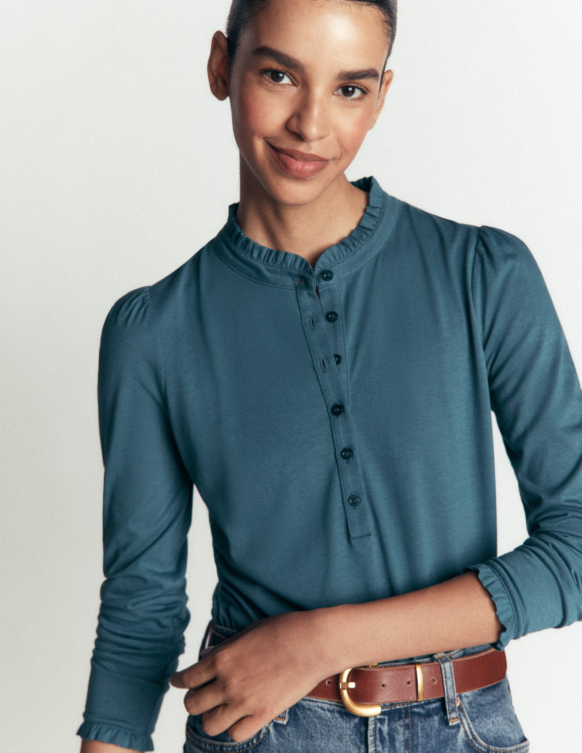 Superweiches Henley-Oberteil mit Rüschen-Graublau-1