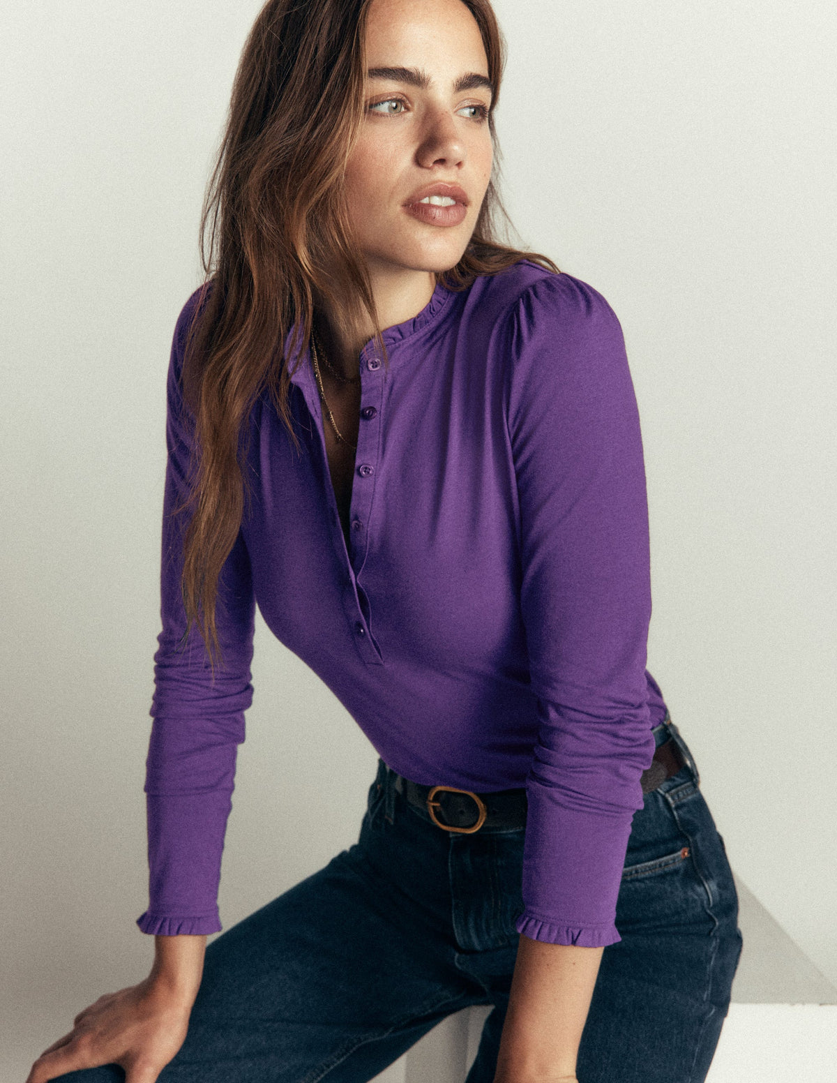Superweiches Henley-Oberteil mit Rüschen-Calla-Lilie Violett-1