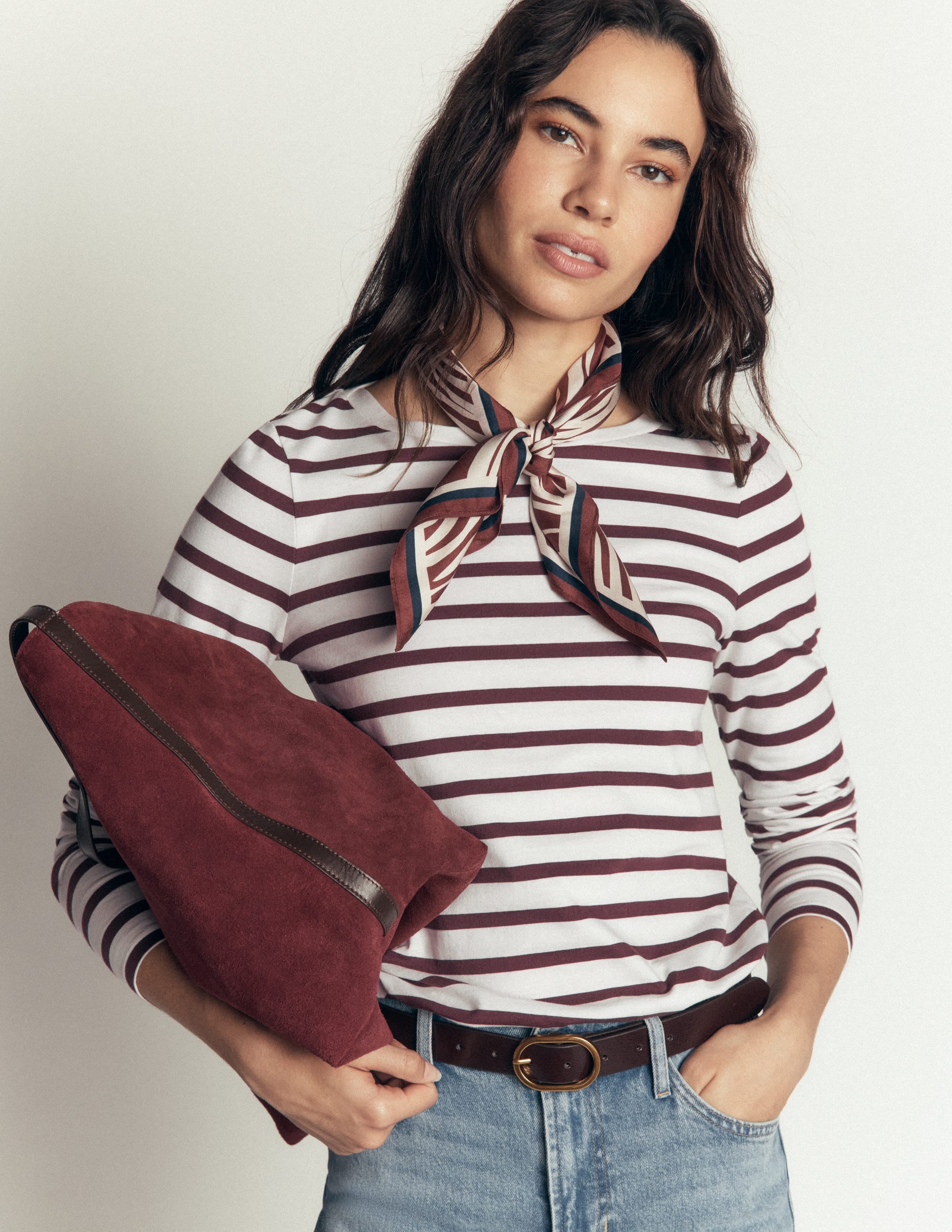 Olivia Langärmliges Bretonshirt-Naturweiß und Bitterschokolade - Image 1