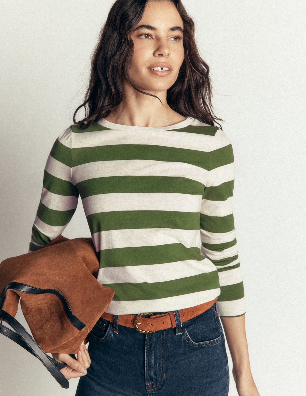 Olivia Long Sleeve Breton-Chive, Oatmeal Melange Stripe - Image 1