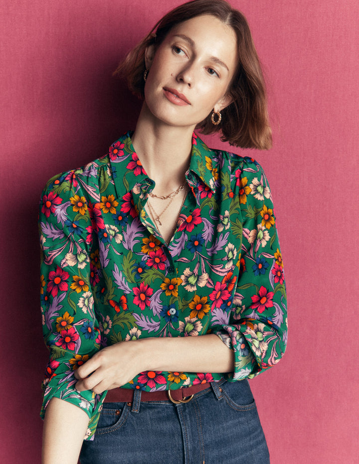 Chemise Sara en soie-Vert, motif Butterfly Bouquet