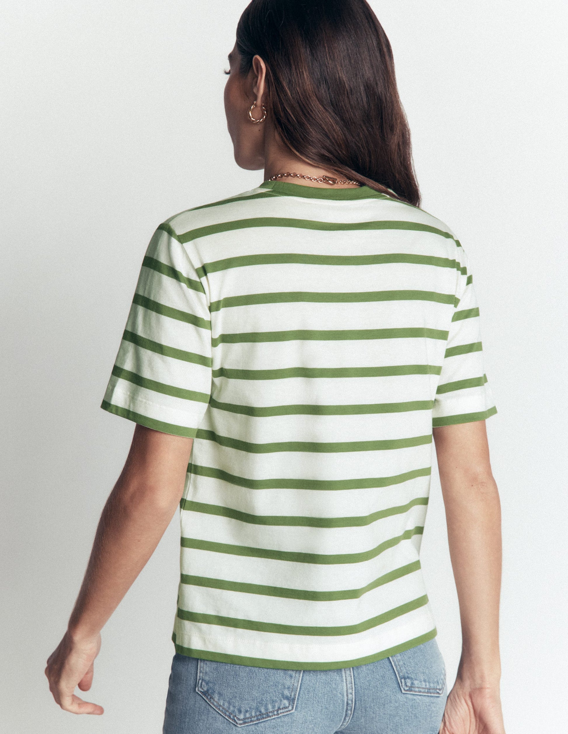 Lockeres Baumwoll-T-Shirt-Safari-Grün und Naturweiß Streifen-2
