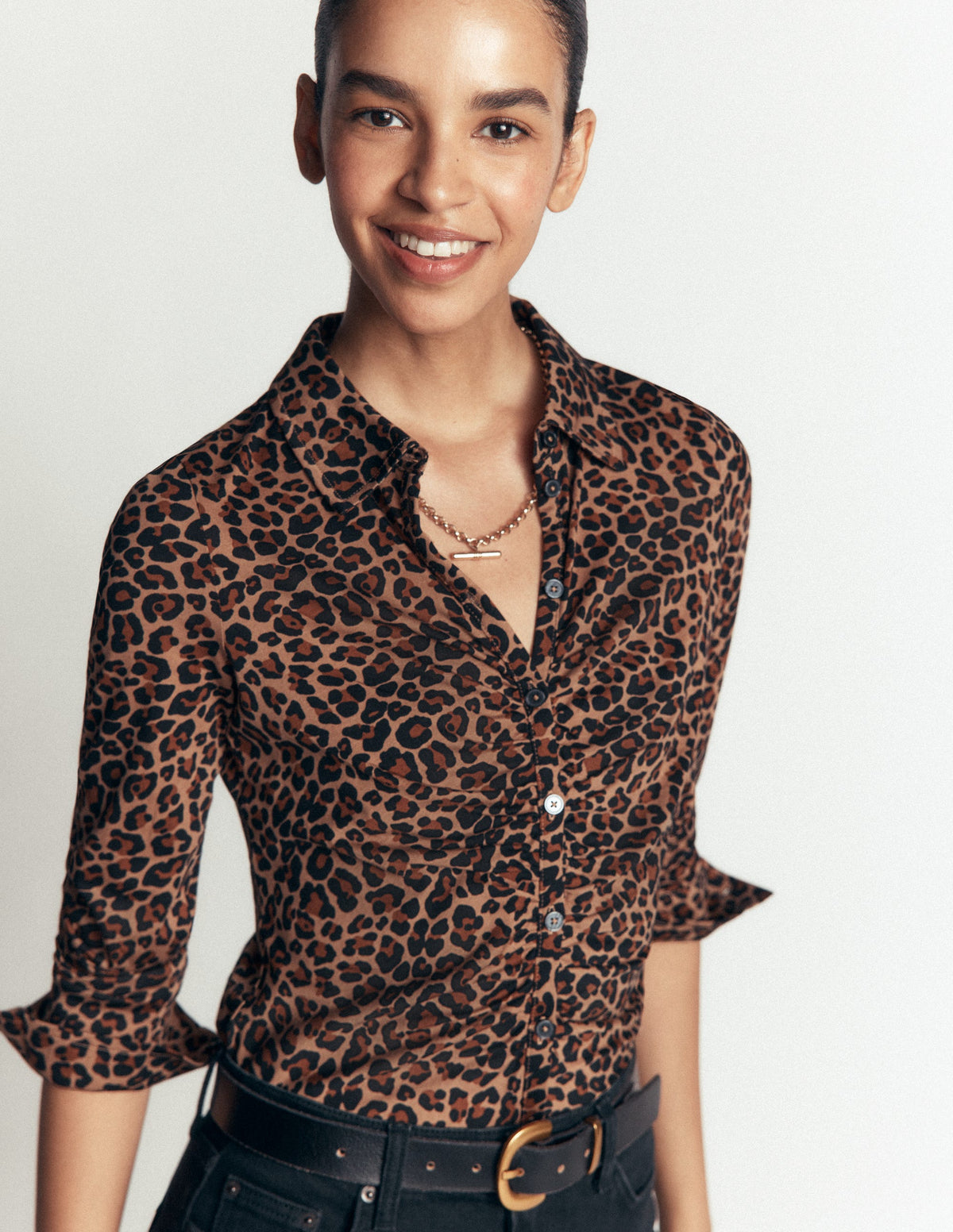 Superweiches, gerafftes Jerseyhemd-Camel, Leopardenmuster-2