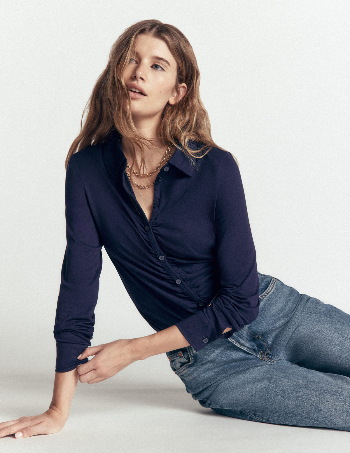 Supersoft Ruched Jersey Shirt-Navy - Image 2