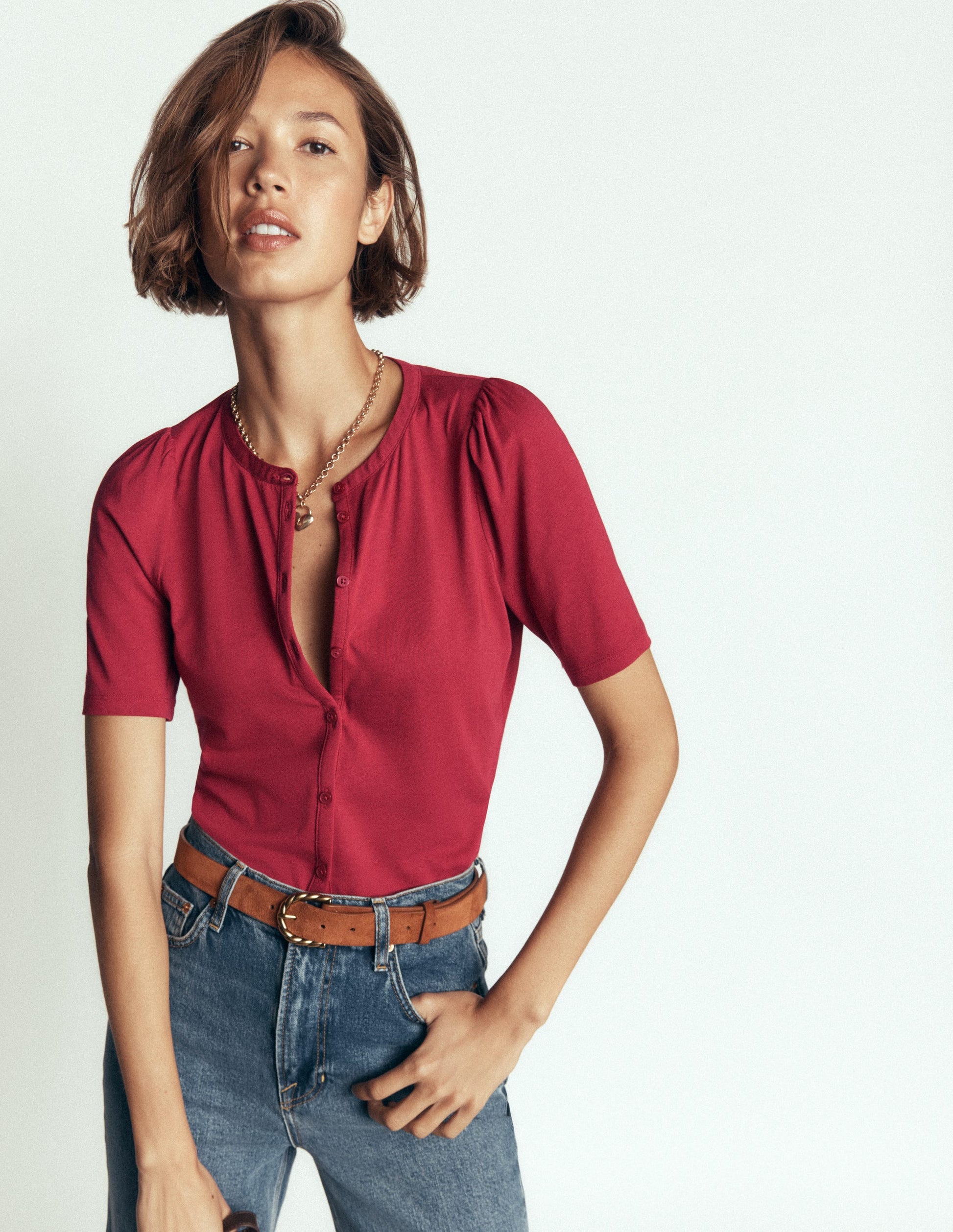 Chemise ultra-douce à manches courtes bouffantes-Terre rouge-1