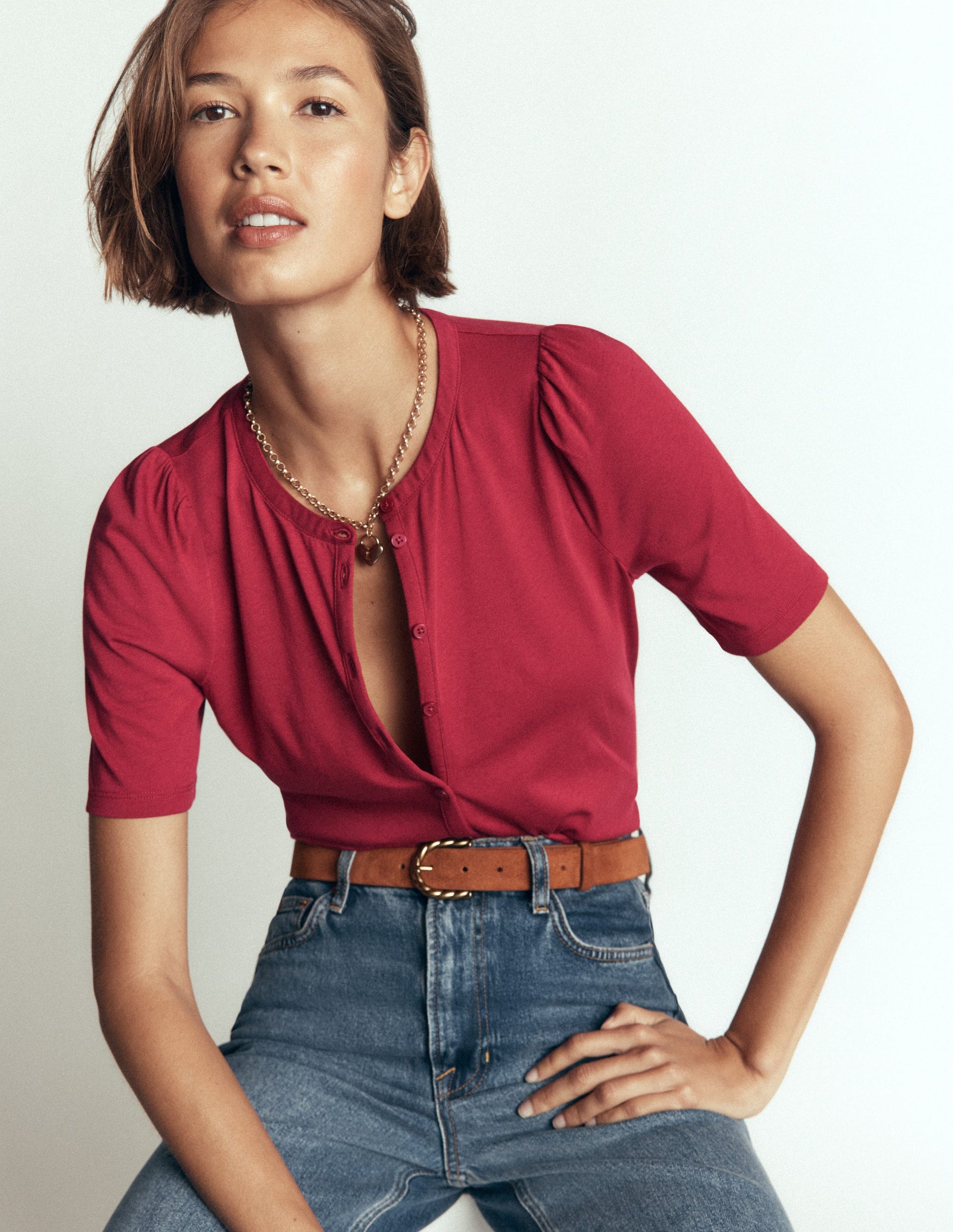 Chemise ultra-douce à manches courtes bouffantes-Terre rouge-4