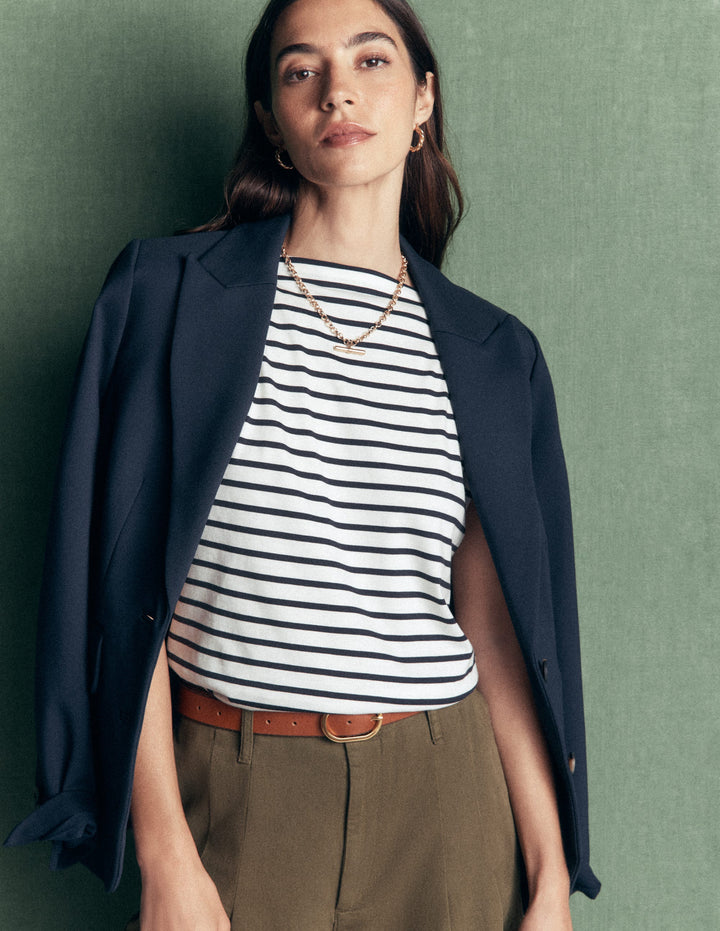 Superweiches T-Shirt mit U-Boot-Ausschnitt-Naturweiß und Navy, Gestreift