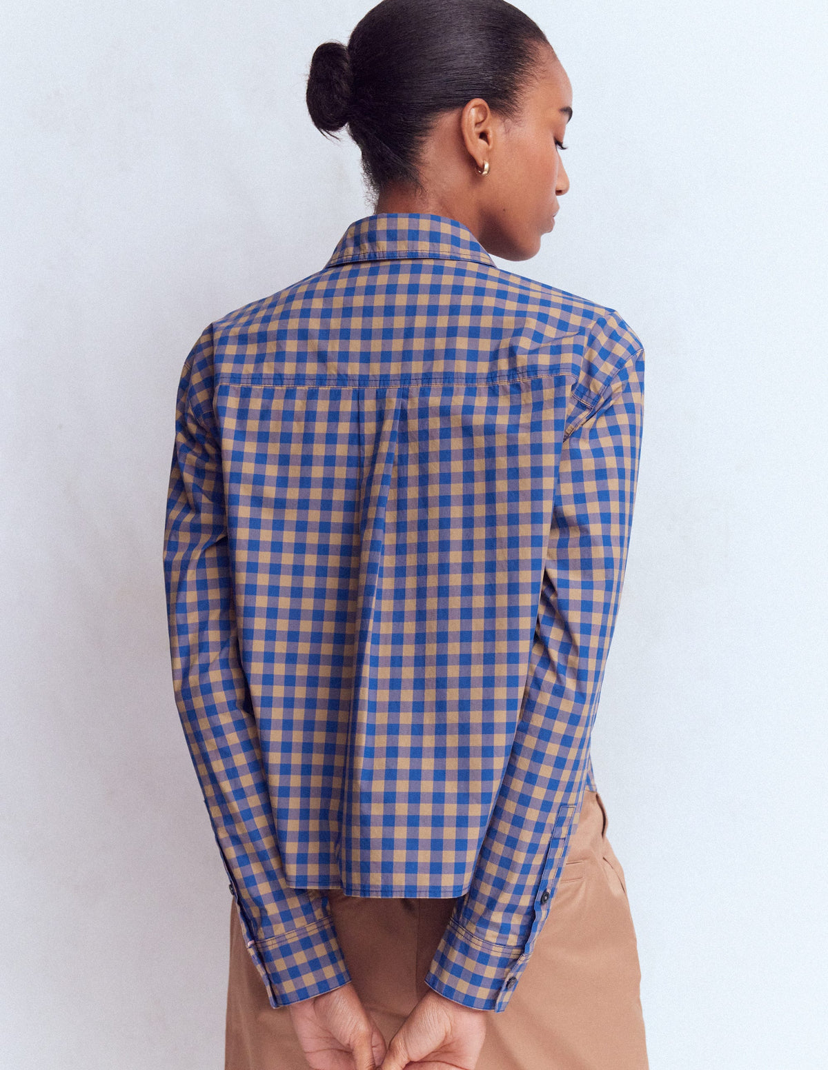 Sienna Verkürztes Baumwollhemd-Camel, Blau Vichykaro-3