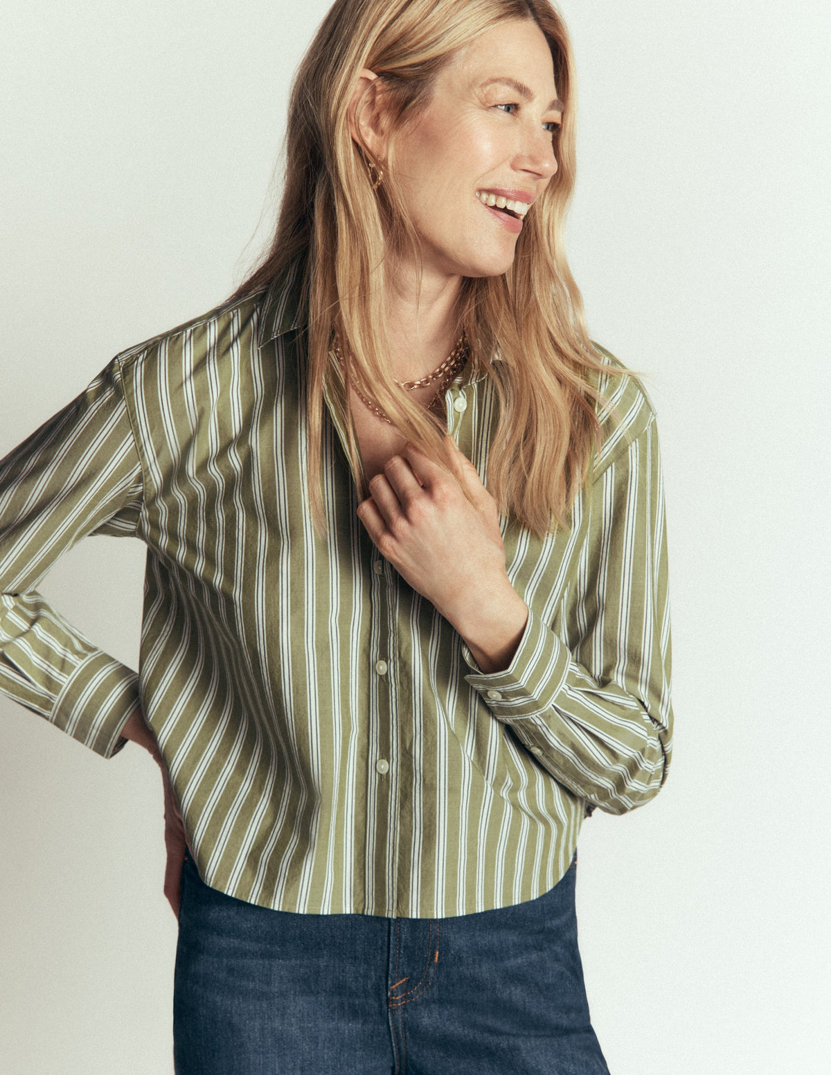 Chemise courte Sienna en coton-Rayé tramway bleu marine, vert olive - Image 1