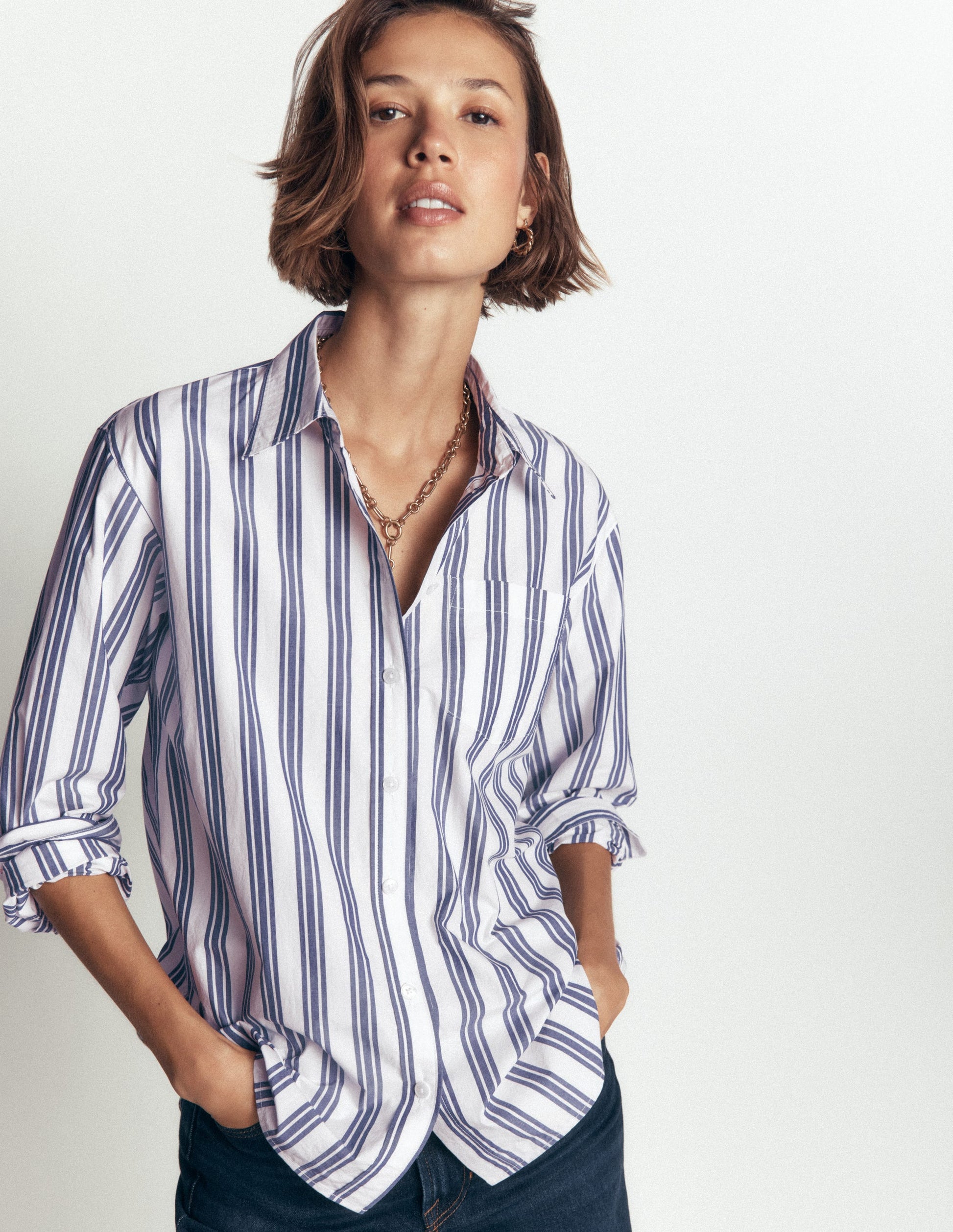 Chemise Sienna décontractée en coton-Ivoire, rayé tramway bleu marine-5