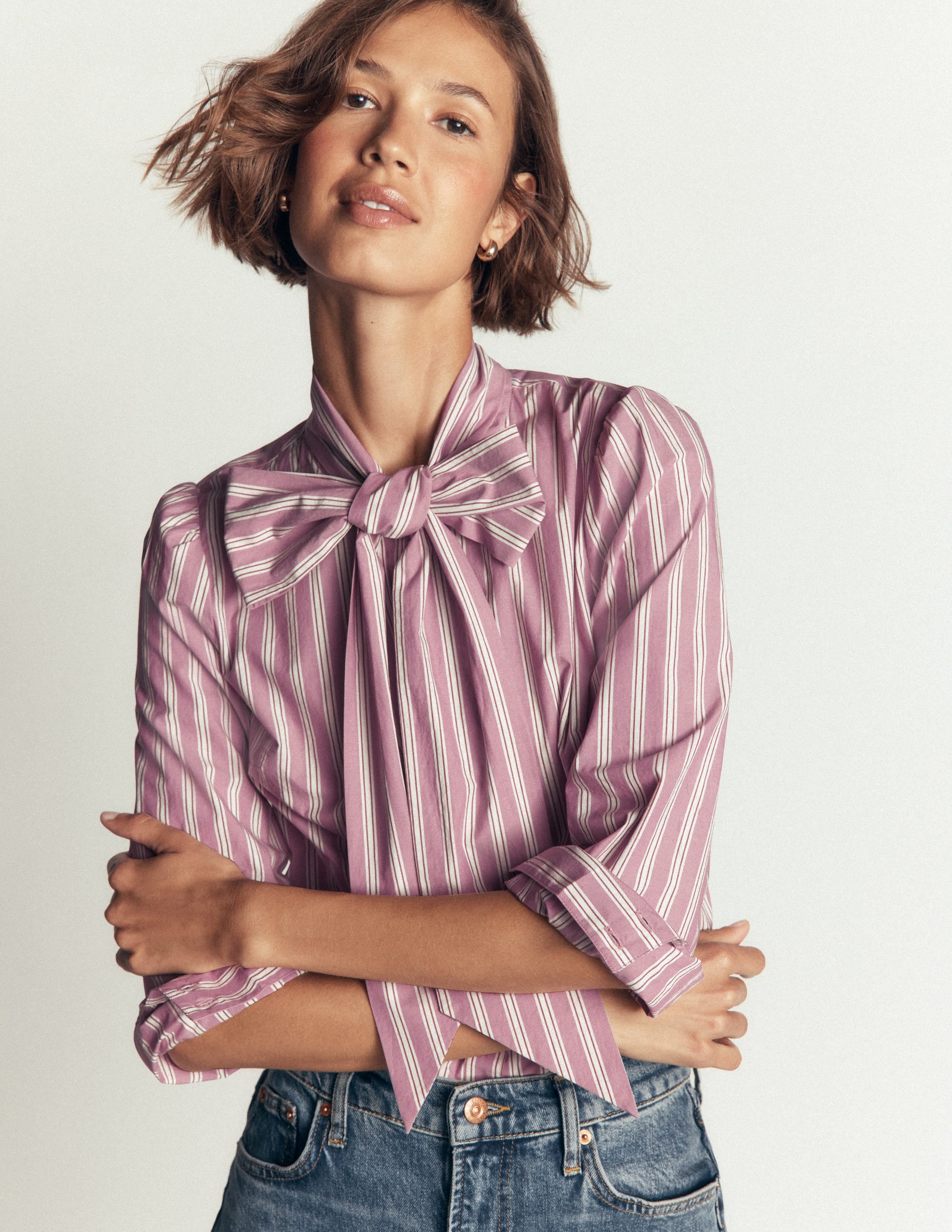 Clara Tie Neck Shirt-Pink, Maroon Tram Stripe - Image 2