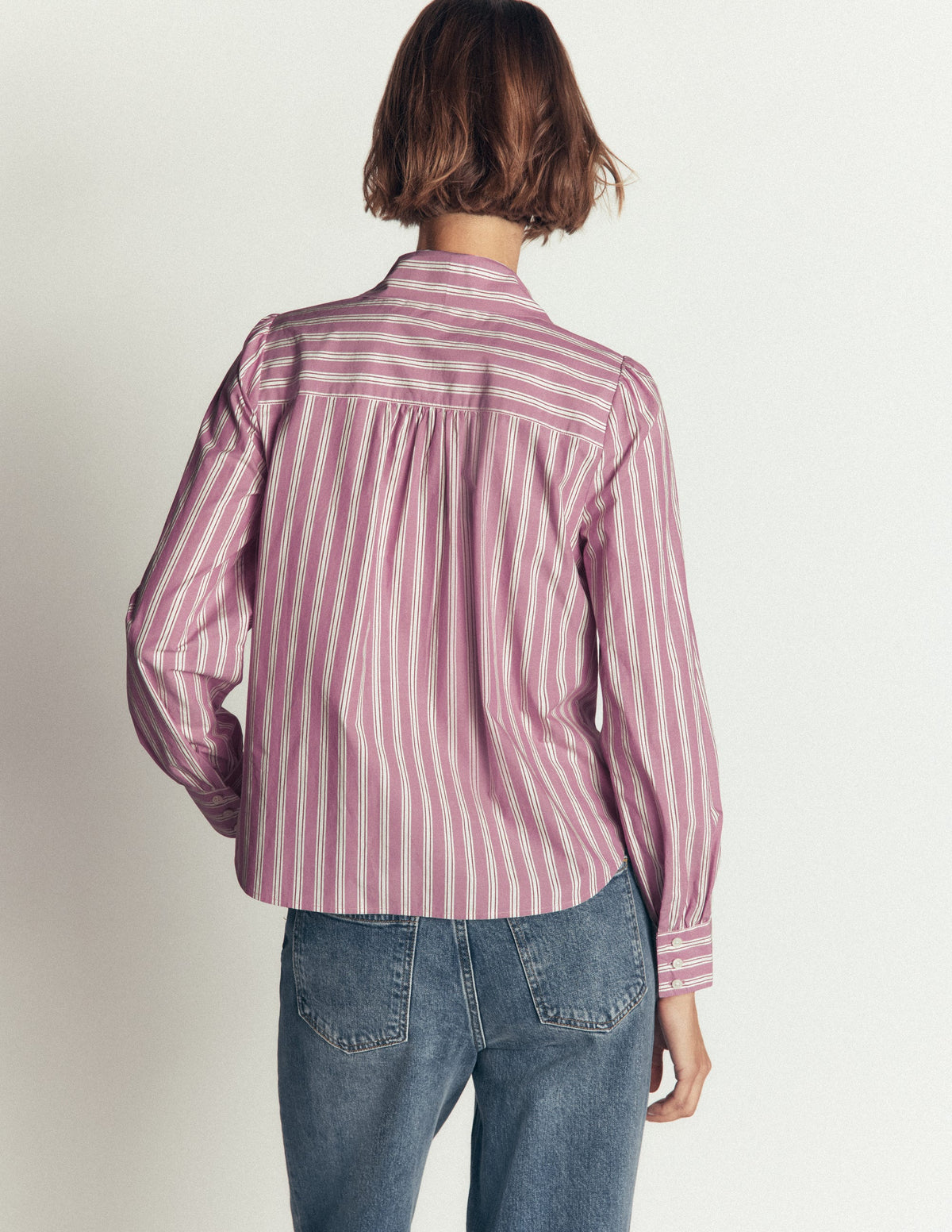 Clara Tie Neck Shirt-Pink, Maroon Tram Stripe - Image 4