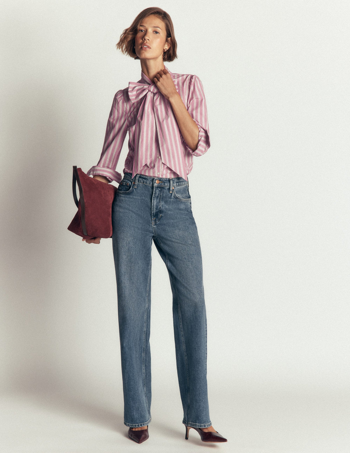 Clara Tie Neck Shirt-Pink, Maroon Tram Stripe - Image 5