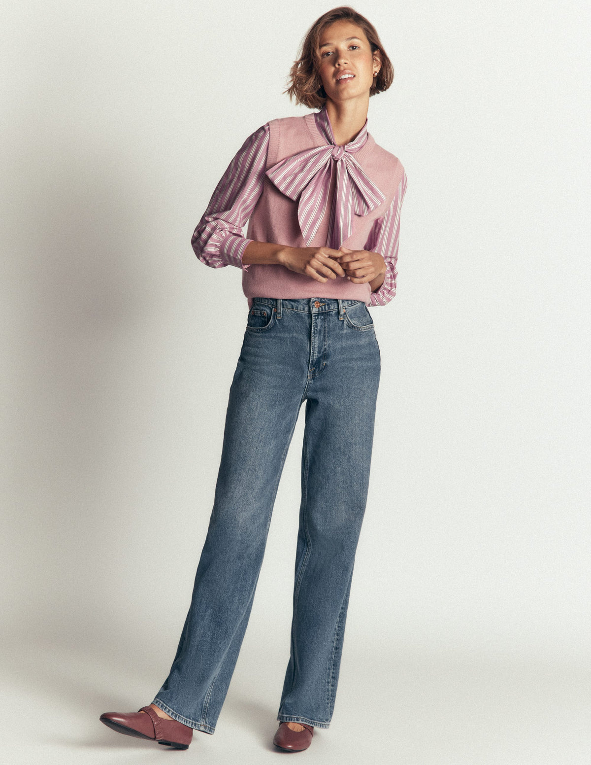 Clara Tie Neck Shirt-Pink, Maroon Tram Stripe - Image 6