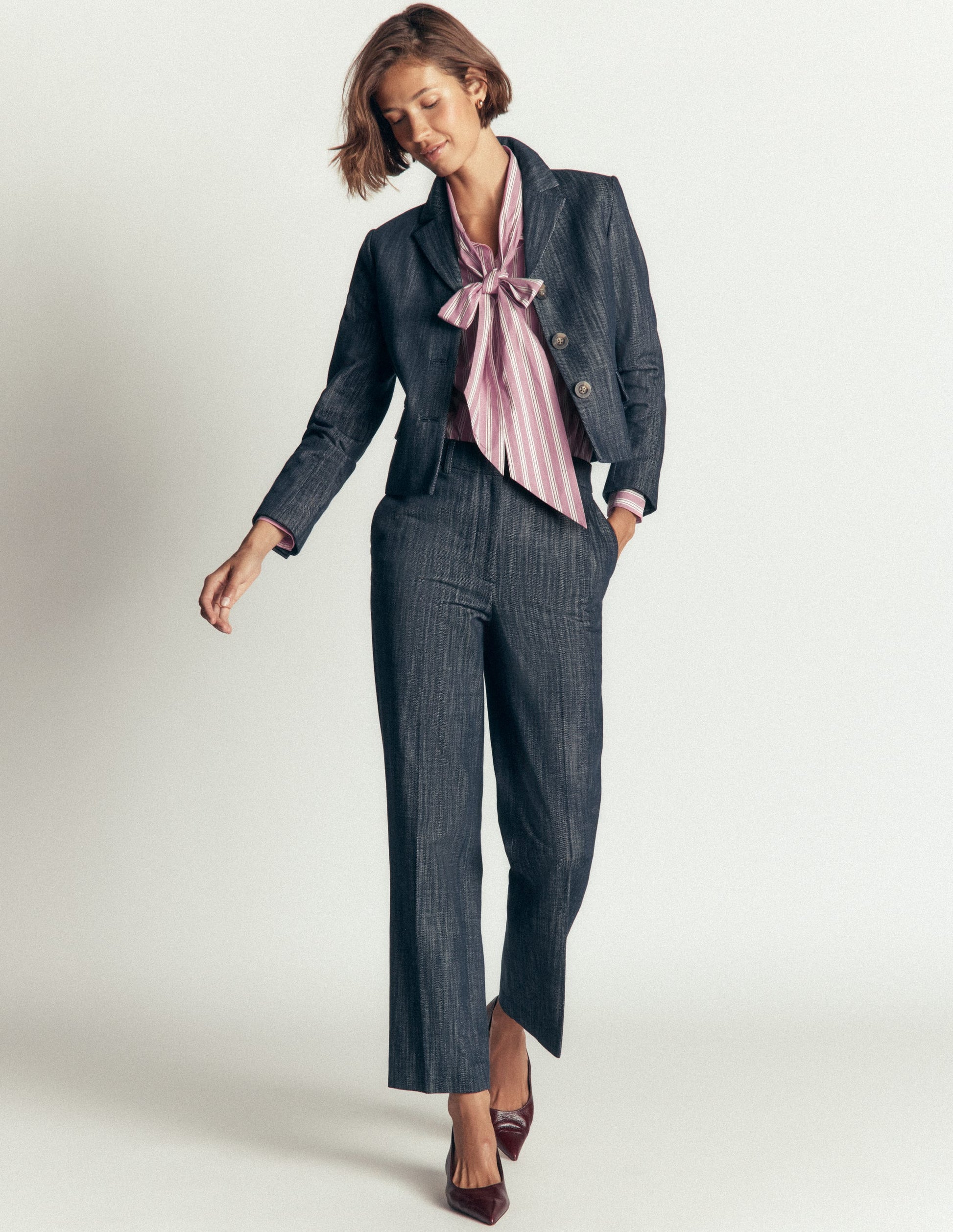 Clara Tie Neck Shirt-Pink, Maroon Tram Stripe-8
