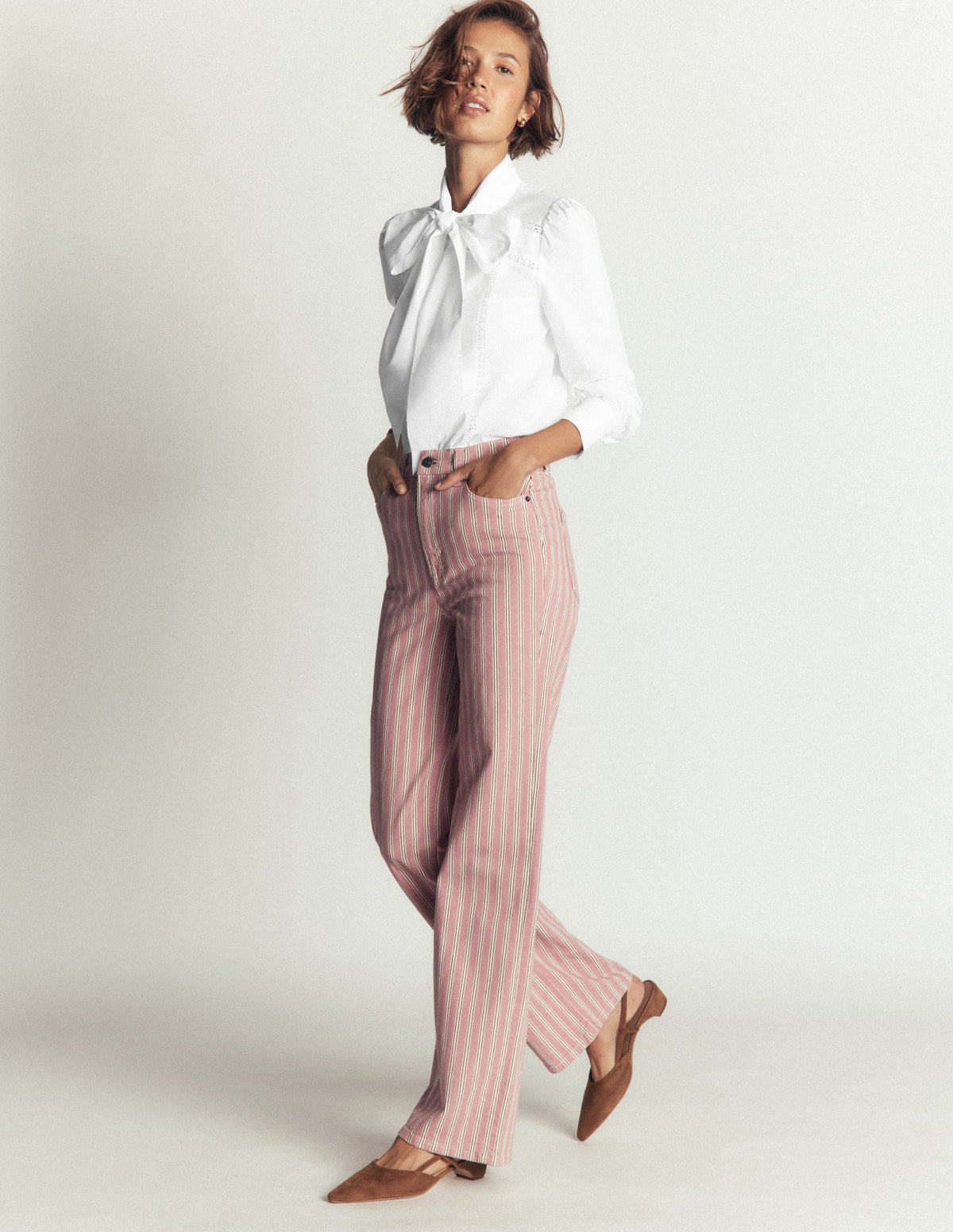 Clara Tie Neck Shirt-White Trim Detail - Image 1