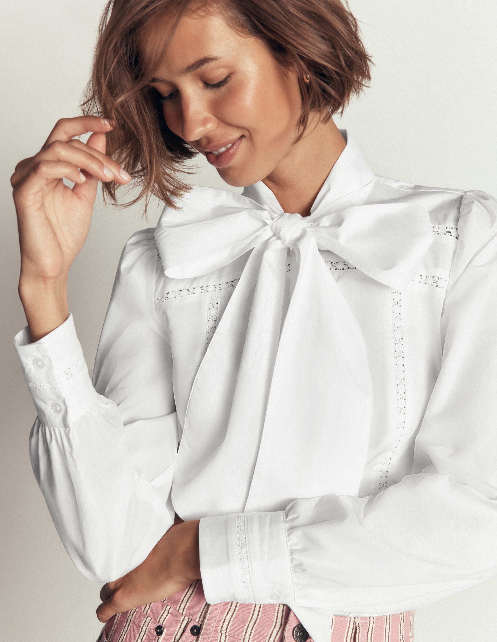 Clara Tie Neck Shirt-White Trim Detail - Image 2