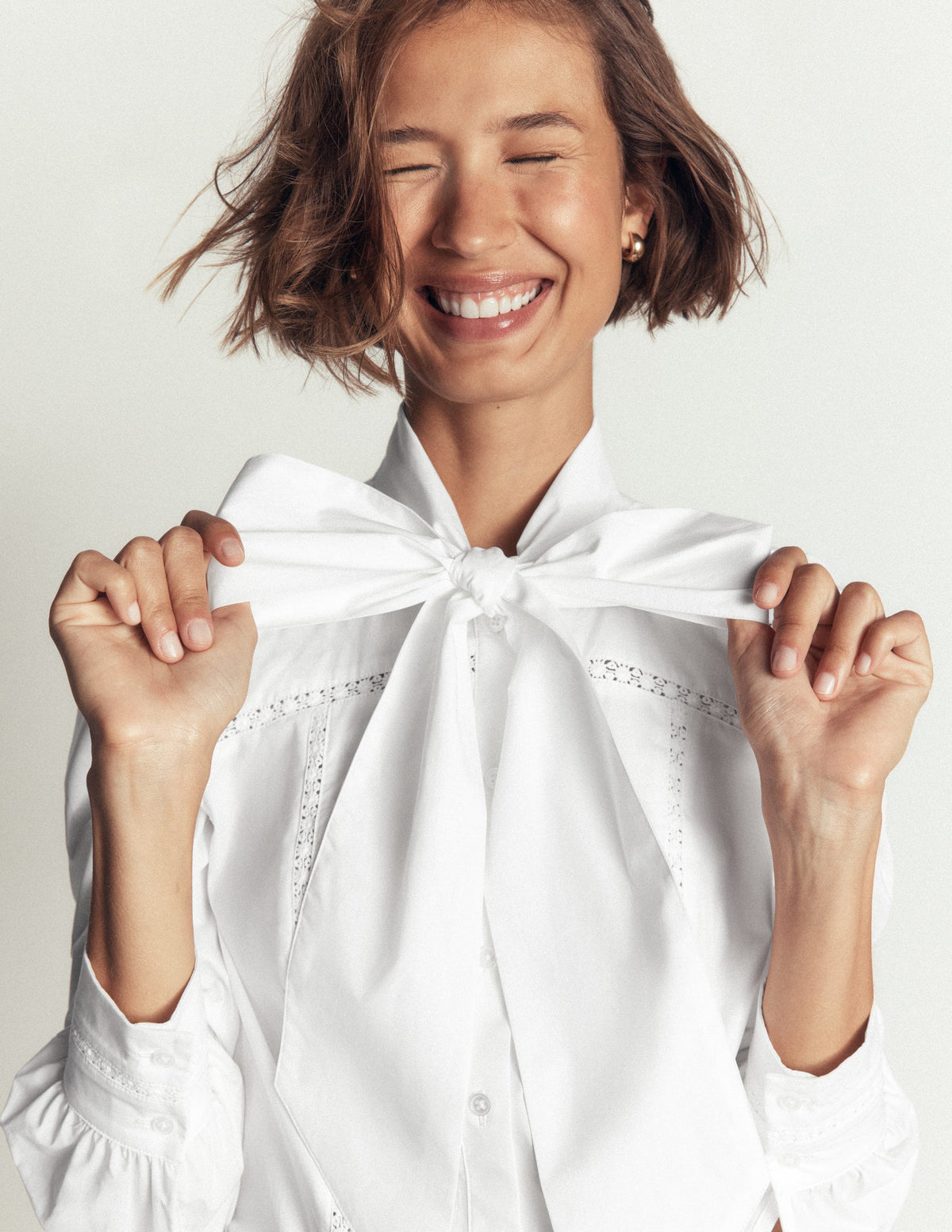 Clara Tie Neck Shirt-White Trim Detail-6