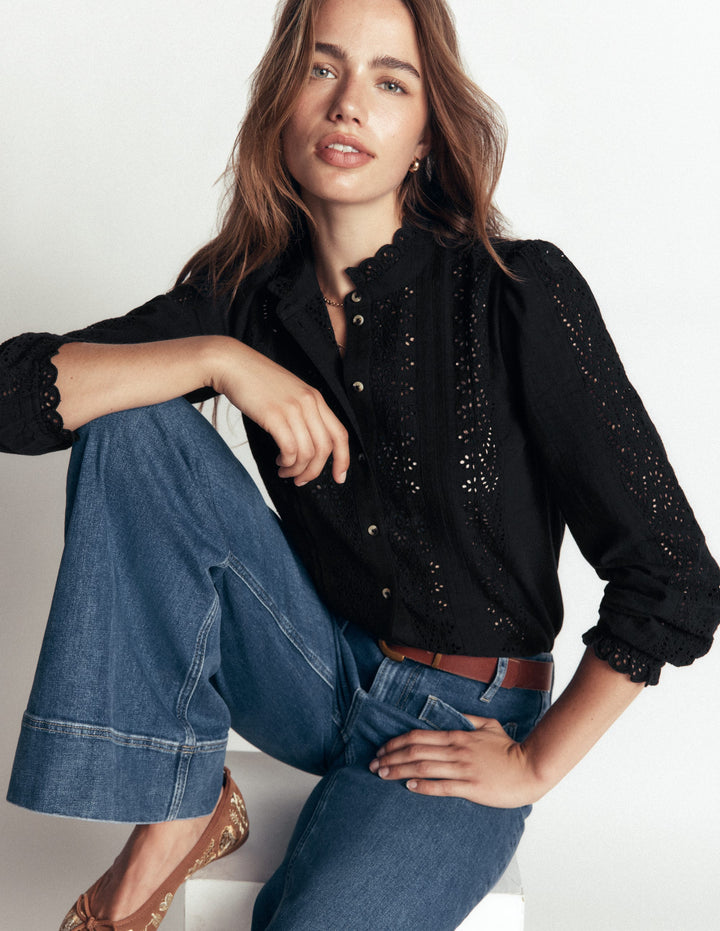 Top en coton et broderie anglaise-Broderie anglaise noire