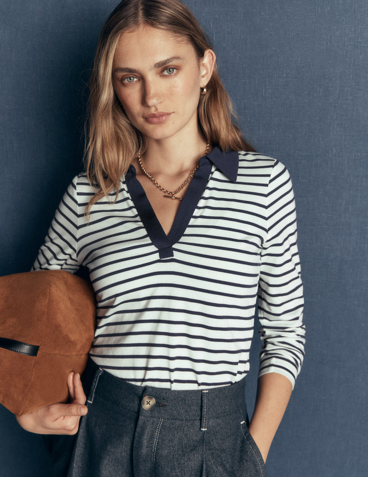Supersoft Open Collar Shirt-Ivory/ Navy Stripe-3