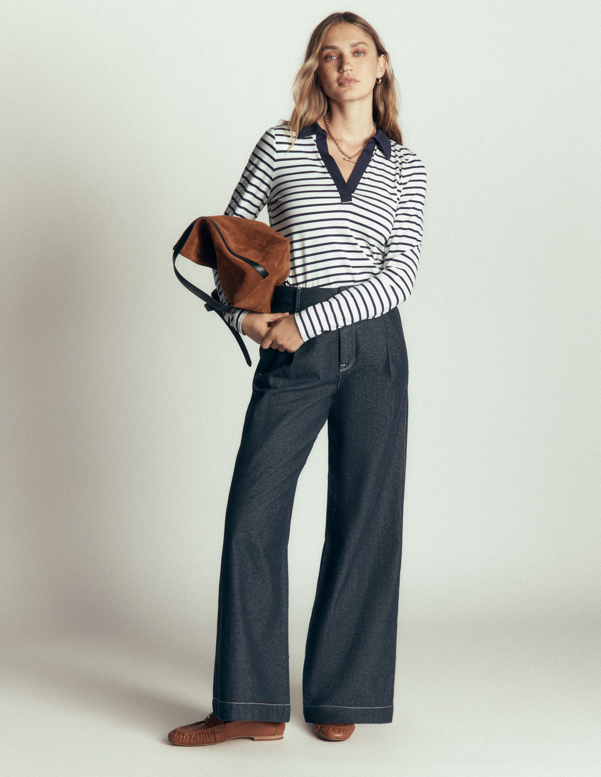 Supersoft Open Collar Shirt-Ivory/ Navy Stripe - Image 1