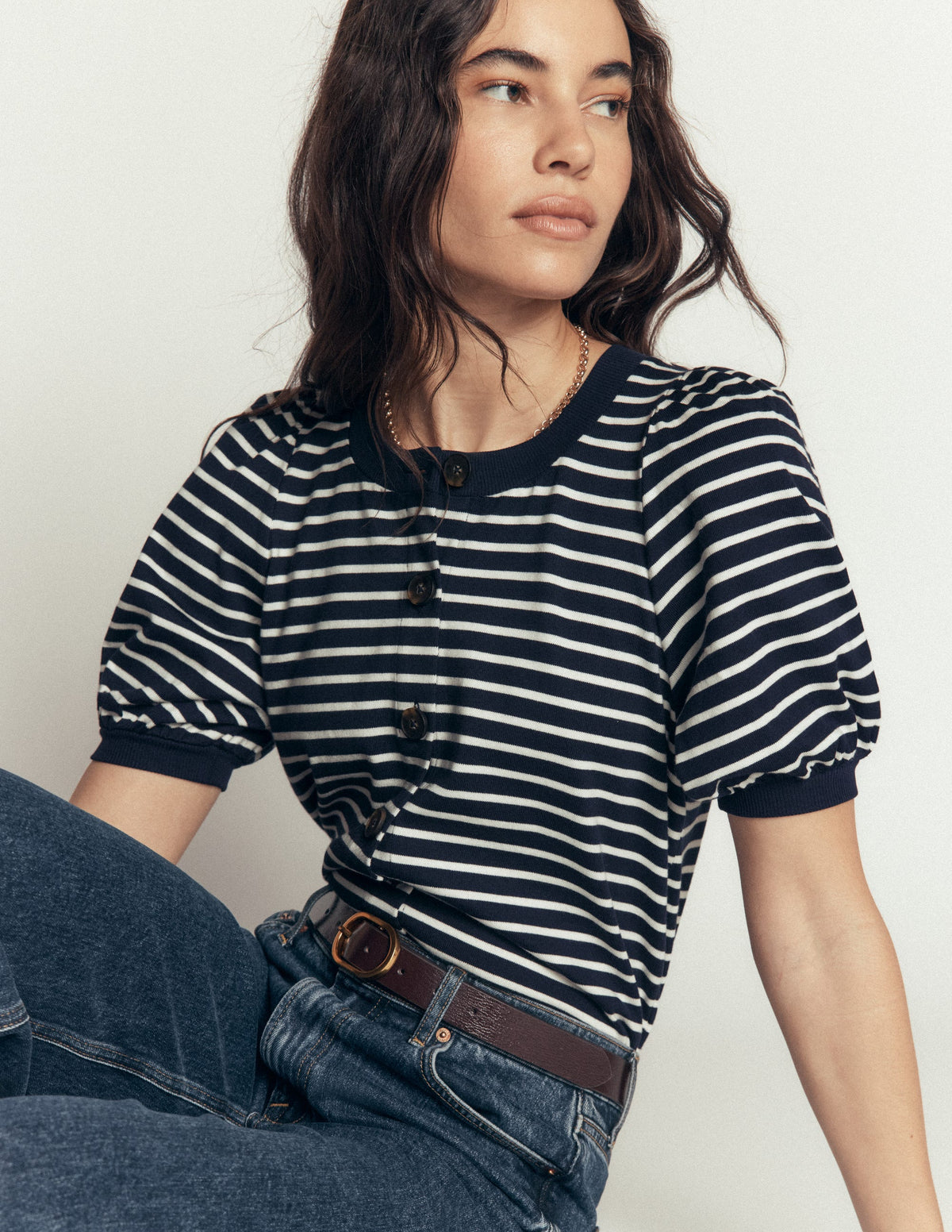 Button-through Puff Sleeve Top-Navy and Ivory Stripe - Image 1