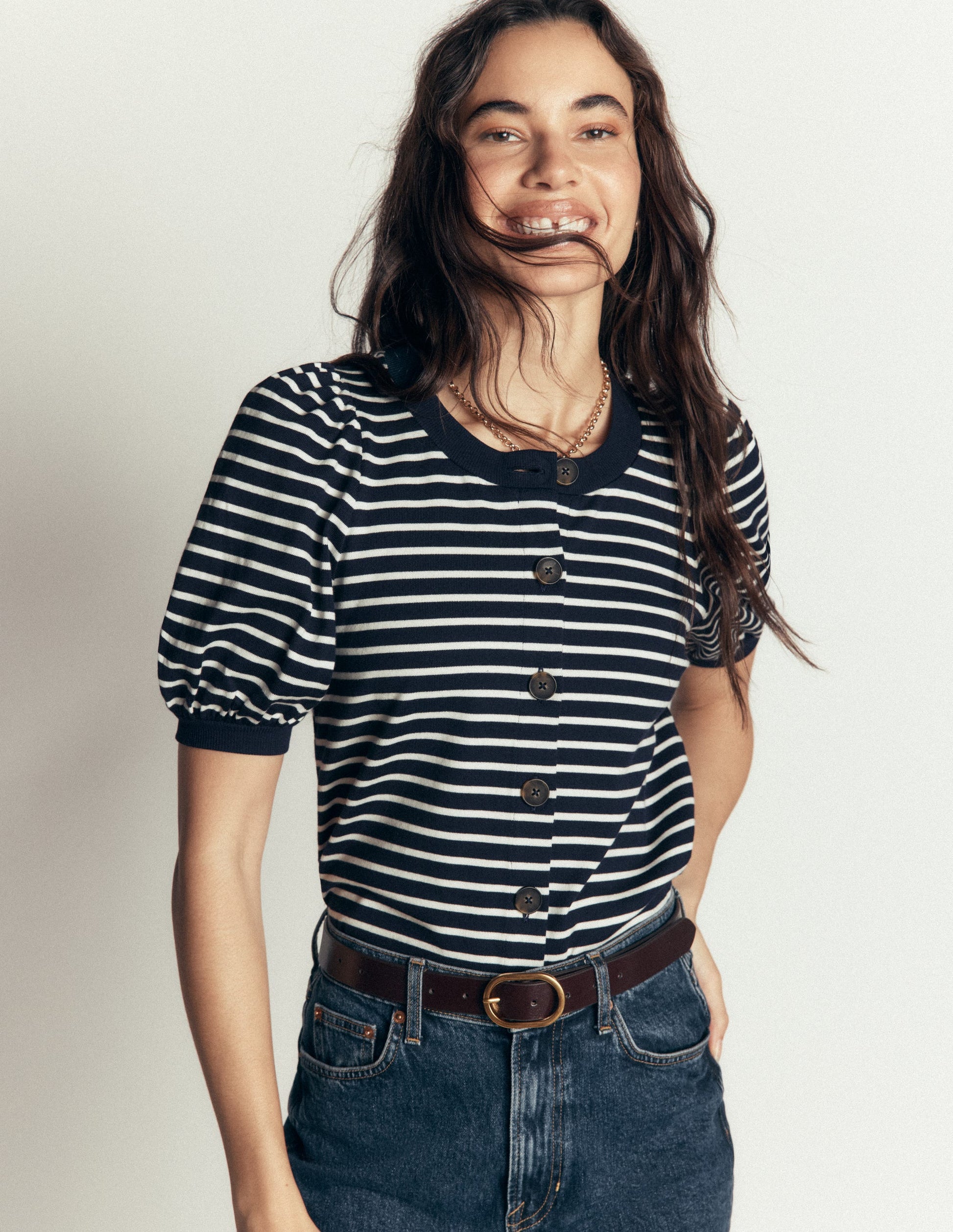 Button-through Puff Sleeve Top-Navy and Ivory Stripe-2