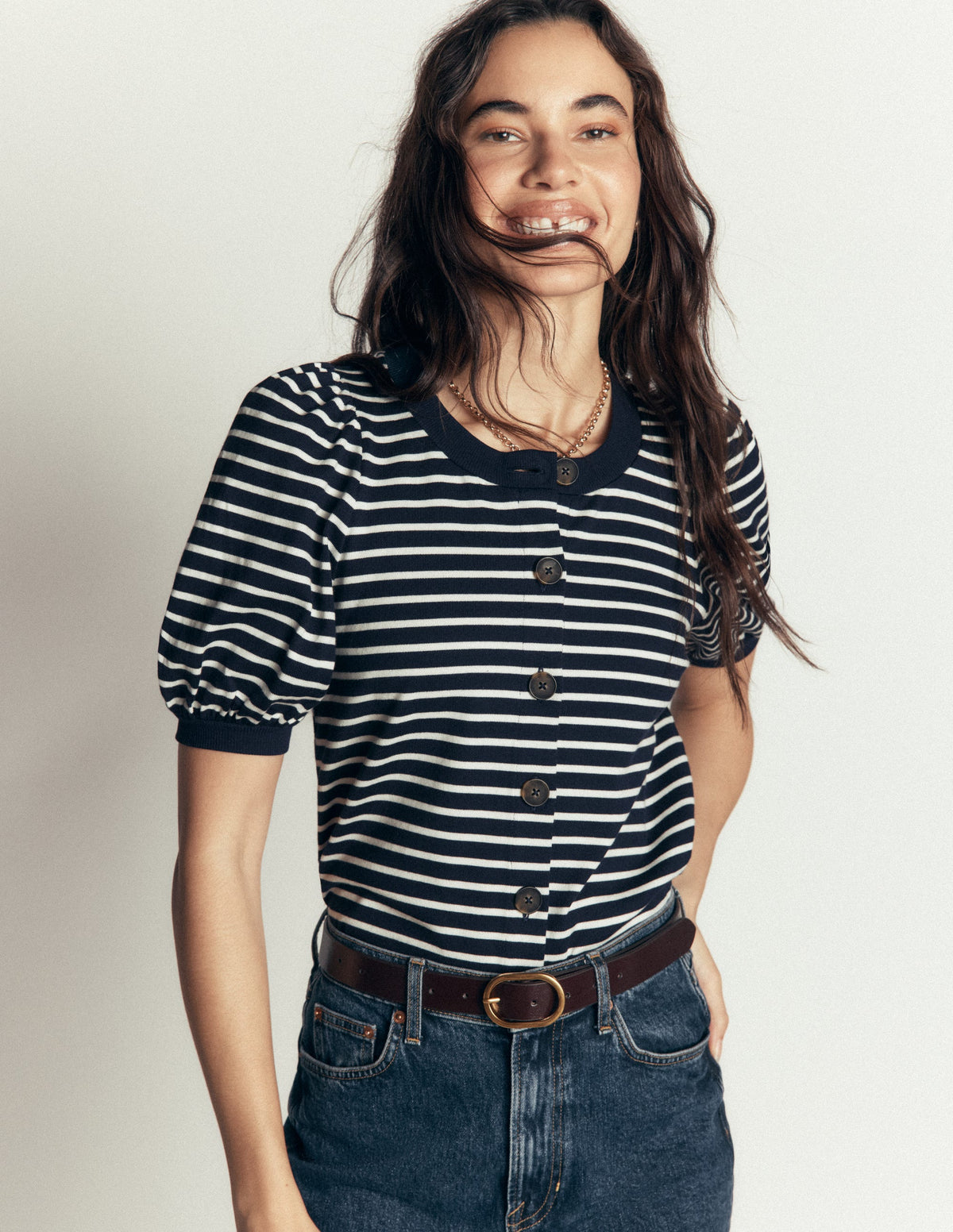 Button-through Puff Sleeve Top-Navy and Ivory Stripe - Image 2