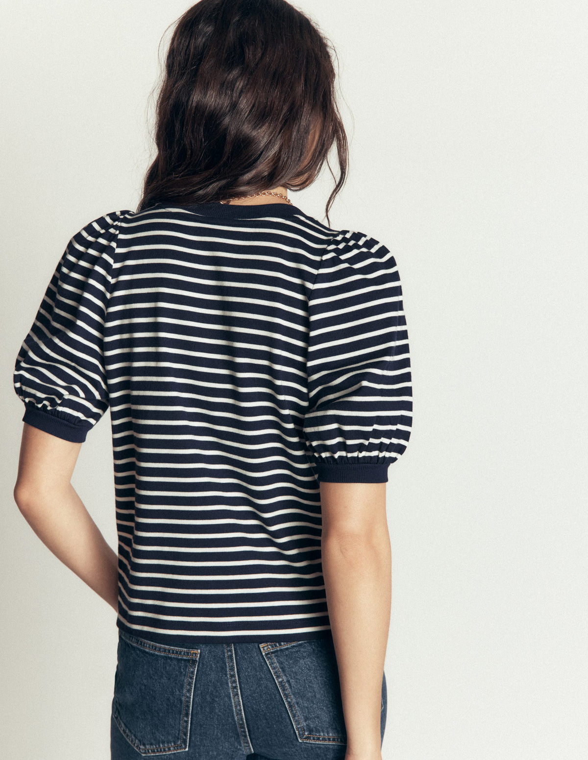 Button-through Puff Sleeve Top-Navy and Ivory Stripe - Image 3
