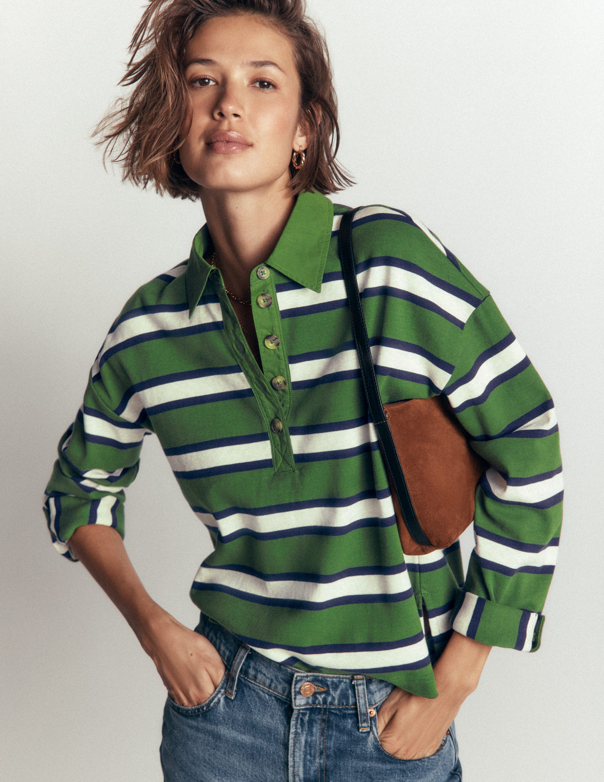 Marinière à col polo-Rayé ciboulette et bleu marine-4