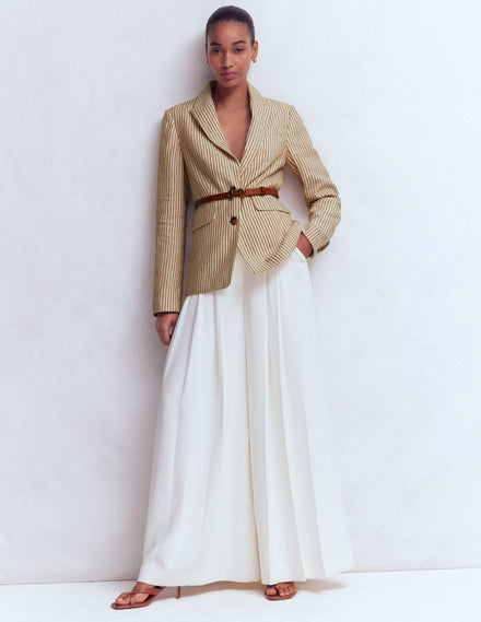 Stamford Linen Blazer-Brown, Ivory Ticking Stripe