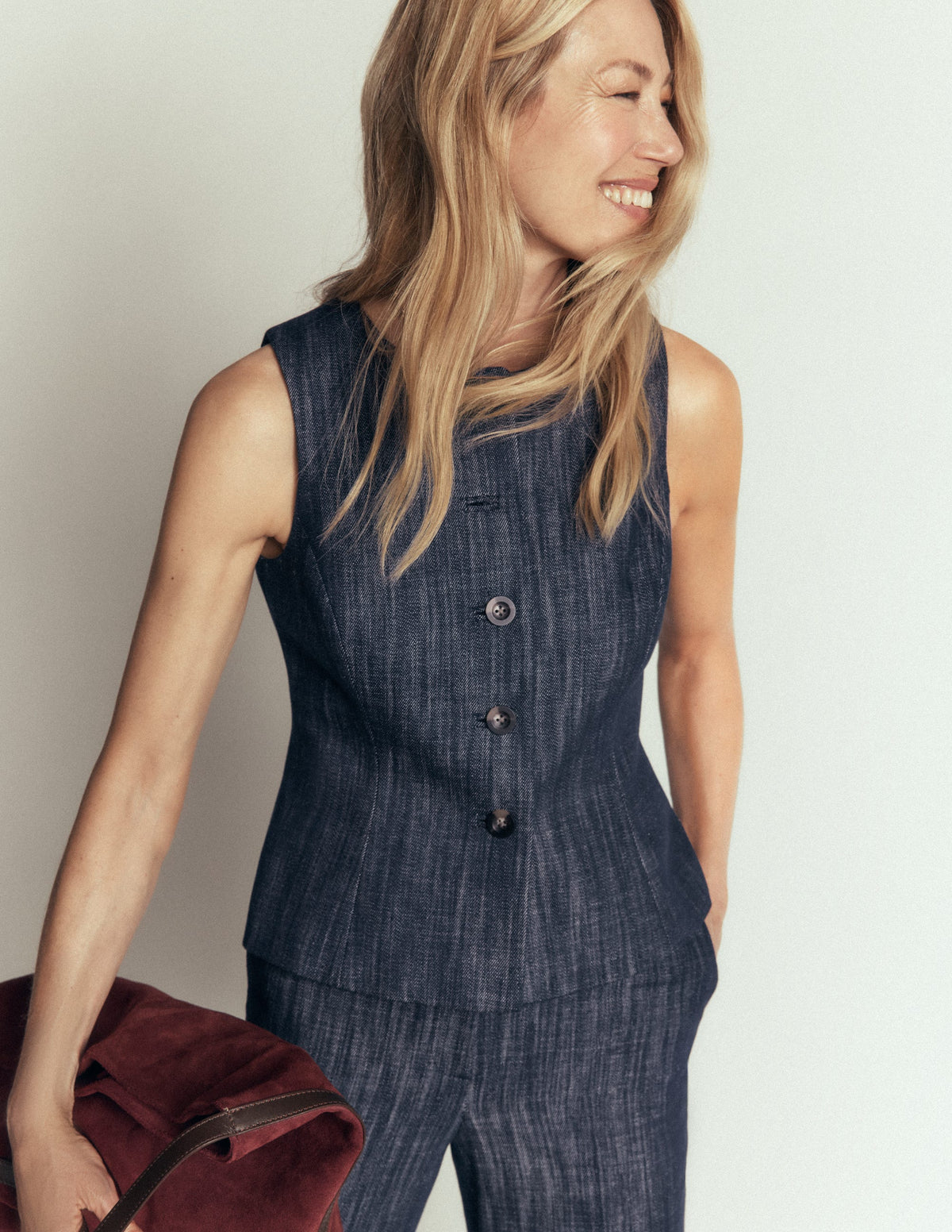 Gilet de costume en sergé à basque-Indigo-1