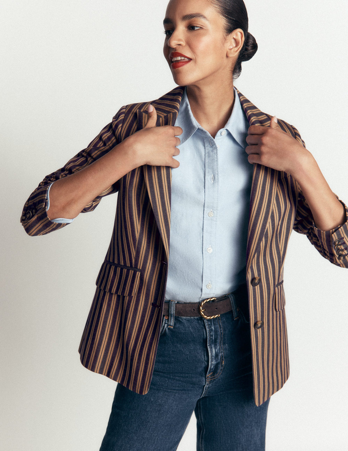 Blazer Stamford ajusté-Rayé tramway bleu marine, camel-6