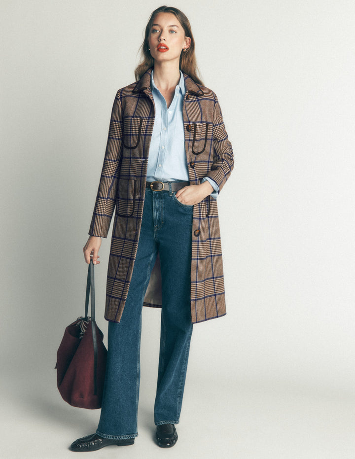 Manteau en laine mélangée à poches plaquées-Acajou, prince de Galles bleu sarcelle