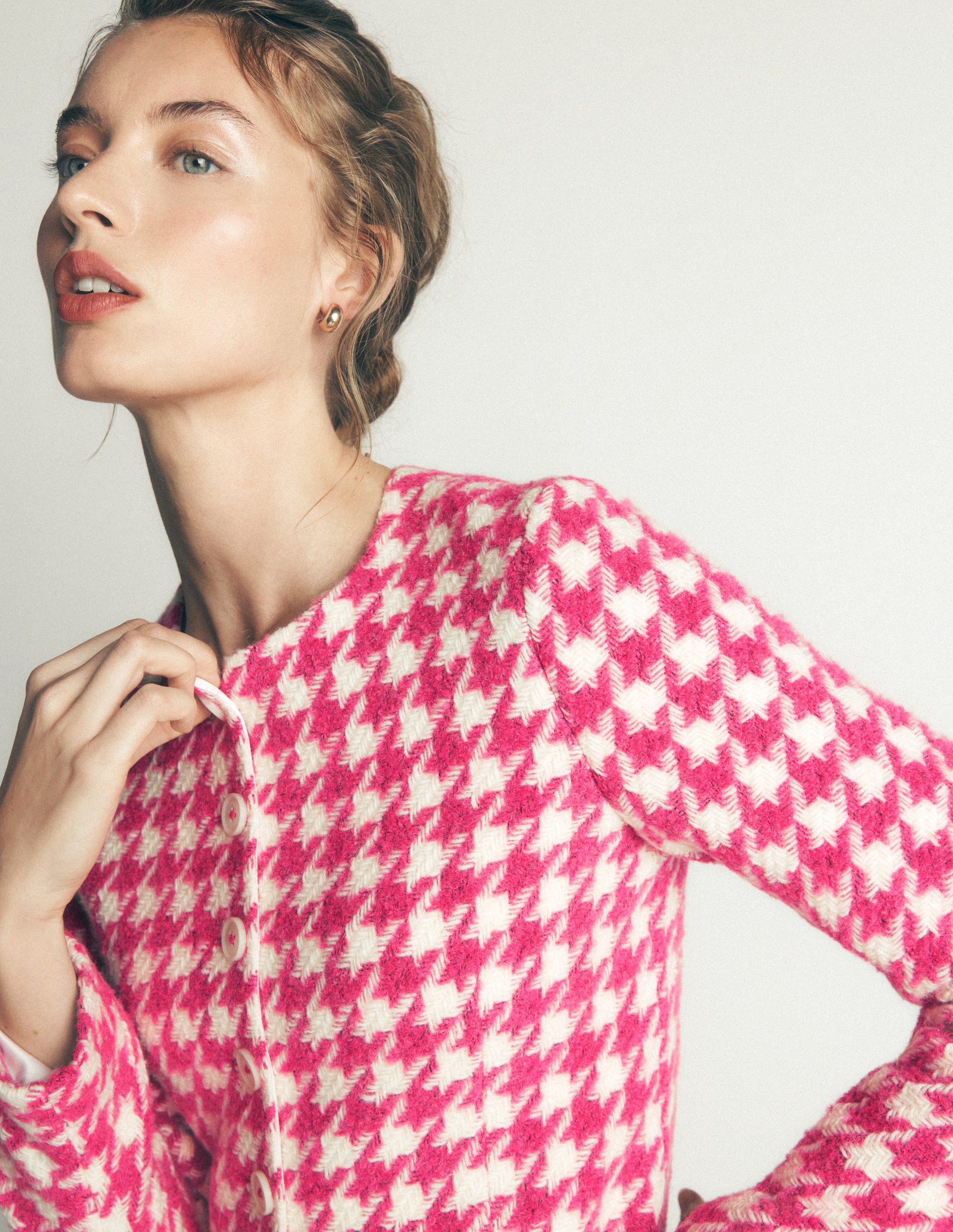Kragenloser Blazer aus Wollmischgewebe-Rosa Hahnentrittmuster-2