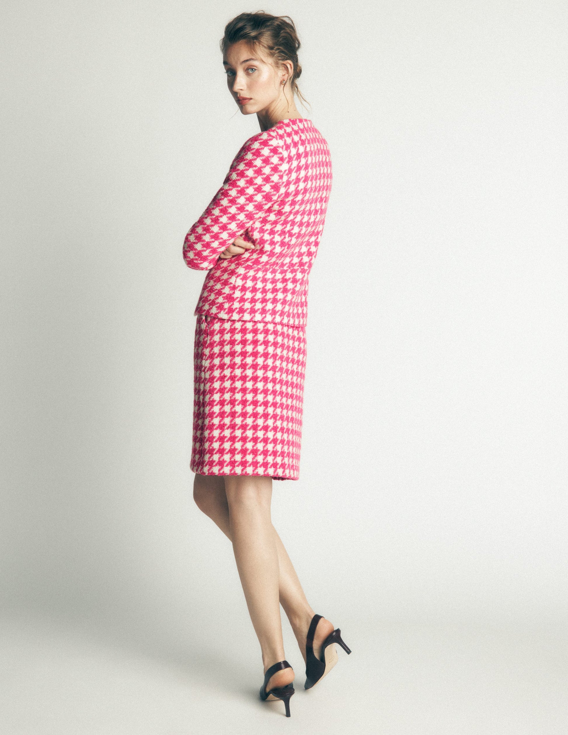 Kragenloser Blazer aus Wollmischgewebe-Rosa Hahnentrittmuster-3