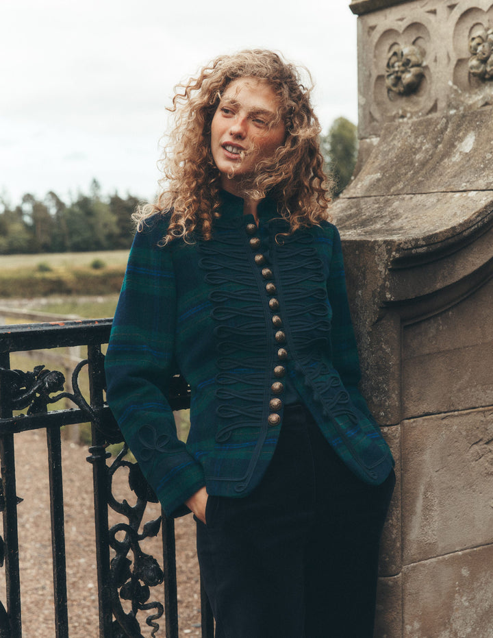 Hereford Wolljacke im Military-Stil-Marineblau, Grün, Blau Ton-in-Ton-Kariert