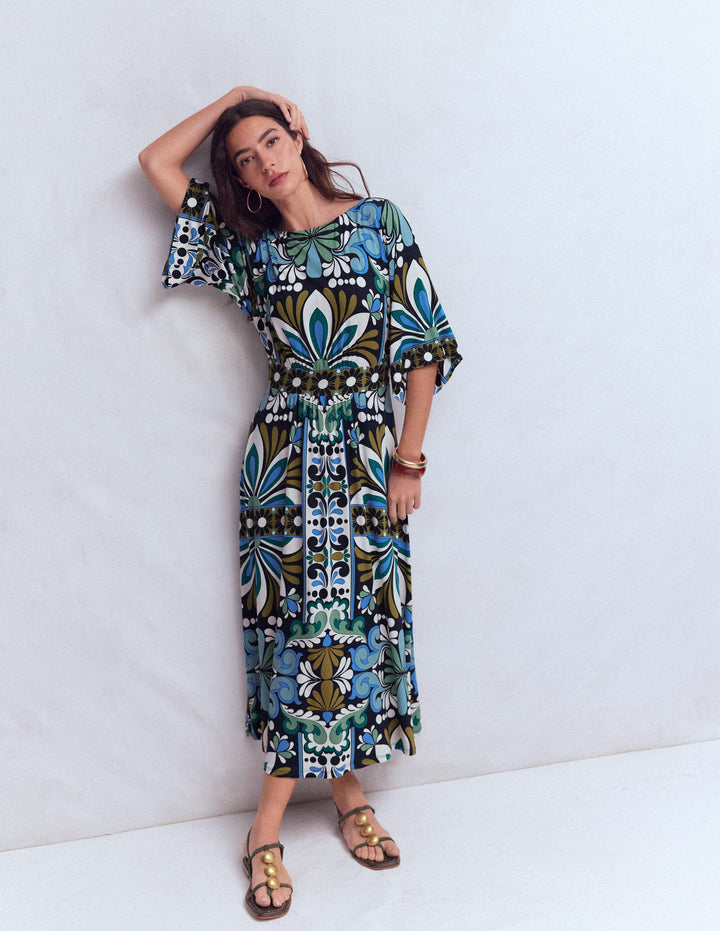 Robe kimono Imelda en jersey-Bleu marine, motif Bloom Tapestry