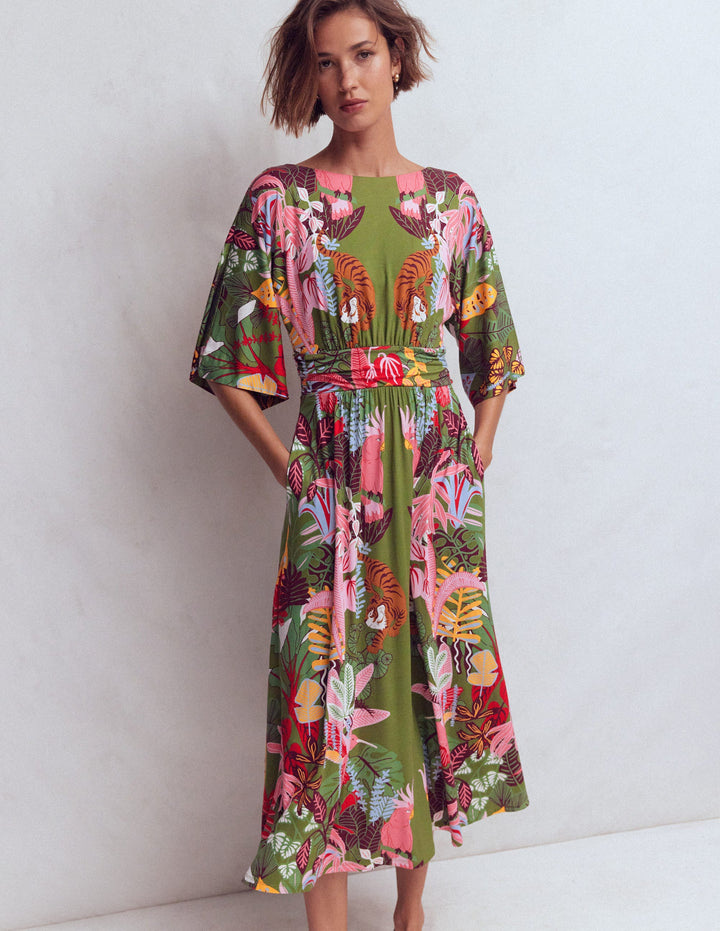 Robe kimono Imelda en jersey-Olive, motif Tropical Safari
