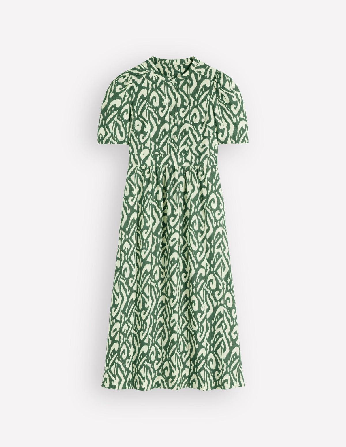 Ivy Leinen-Midikleid mit Knopfleiste-Jägergrün Ikat-Muster-5