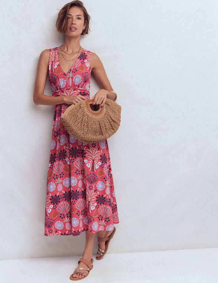 Robe longue Elodie en jersey-Blush cerise, motif Tropical Forest