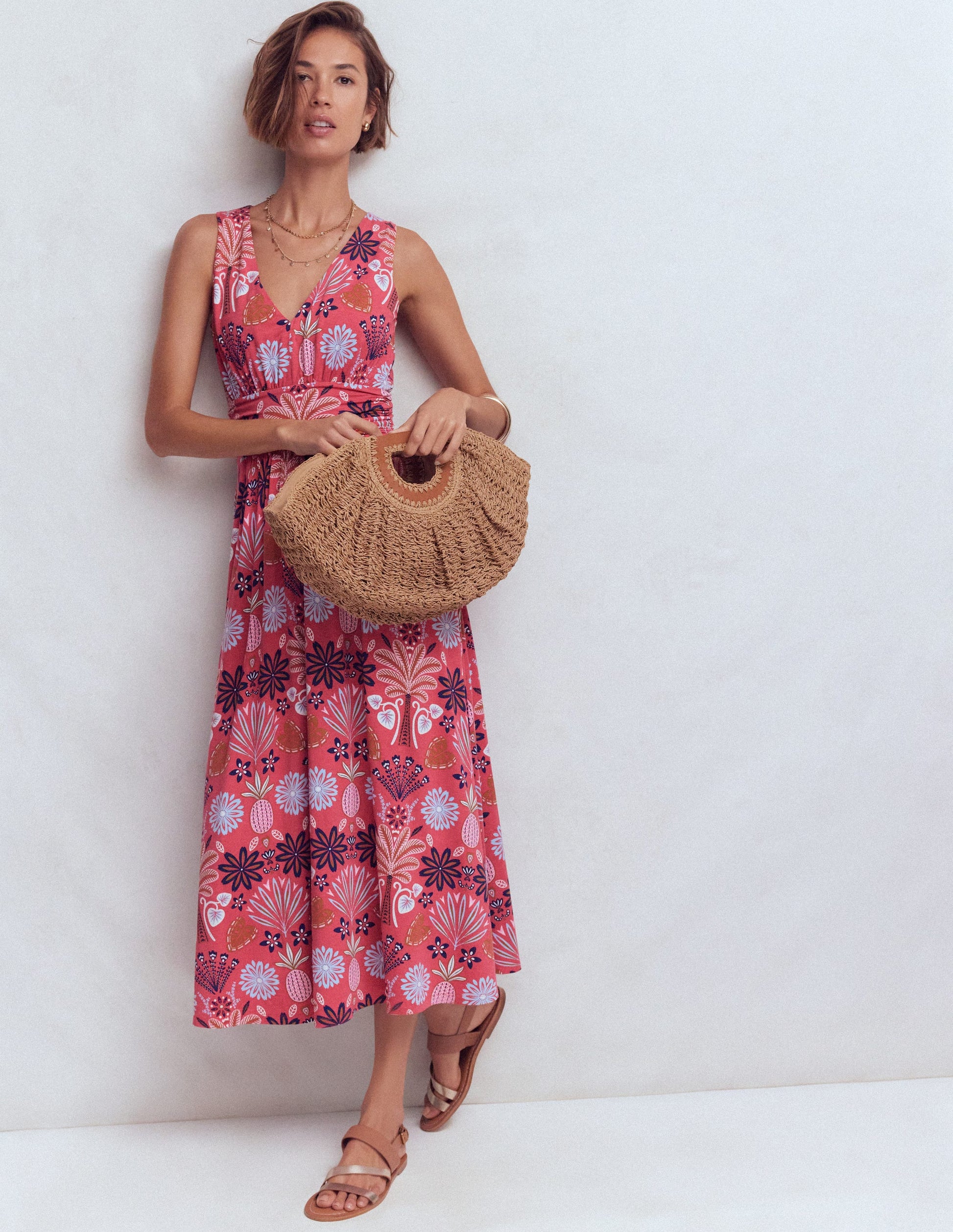 Robe longue Elodie en jersey-Blush cerise, motif Tropical Forest-1