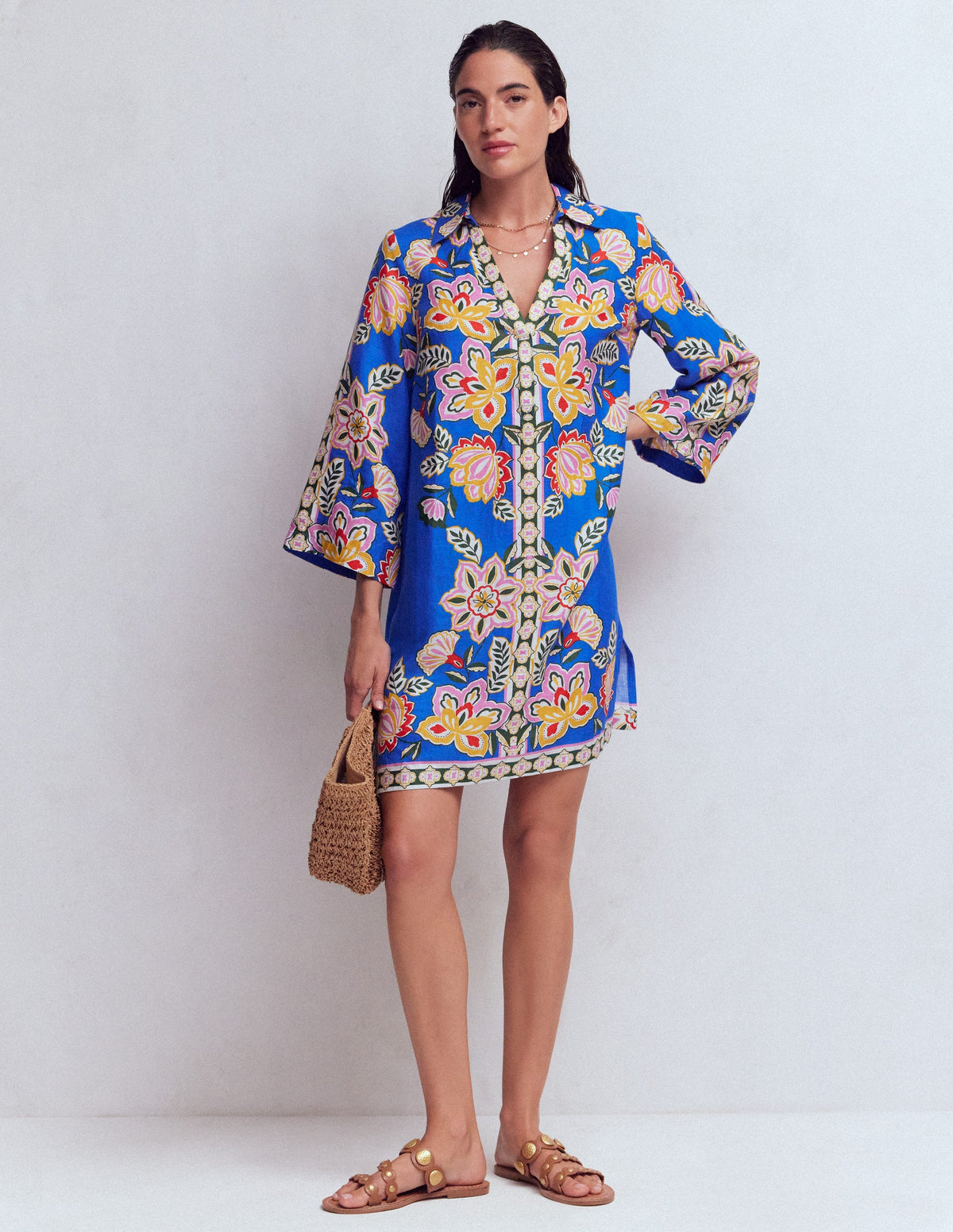 Carmen Kurzes Leinenkleid-Blau, Blüten-Eleganz - Image 1