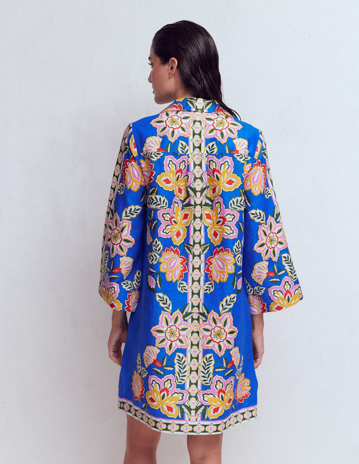 Carmen Kurzes Leinenkleid-Blau, Blüten-Eleganz-3